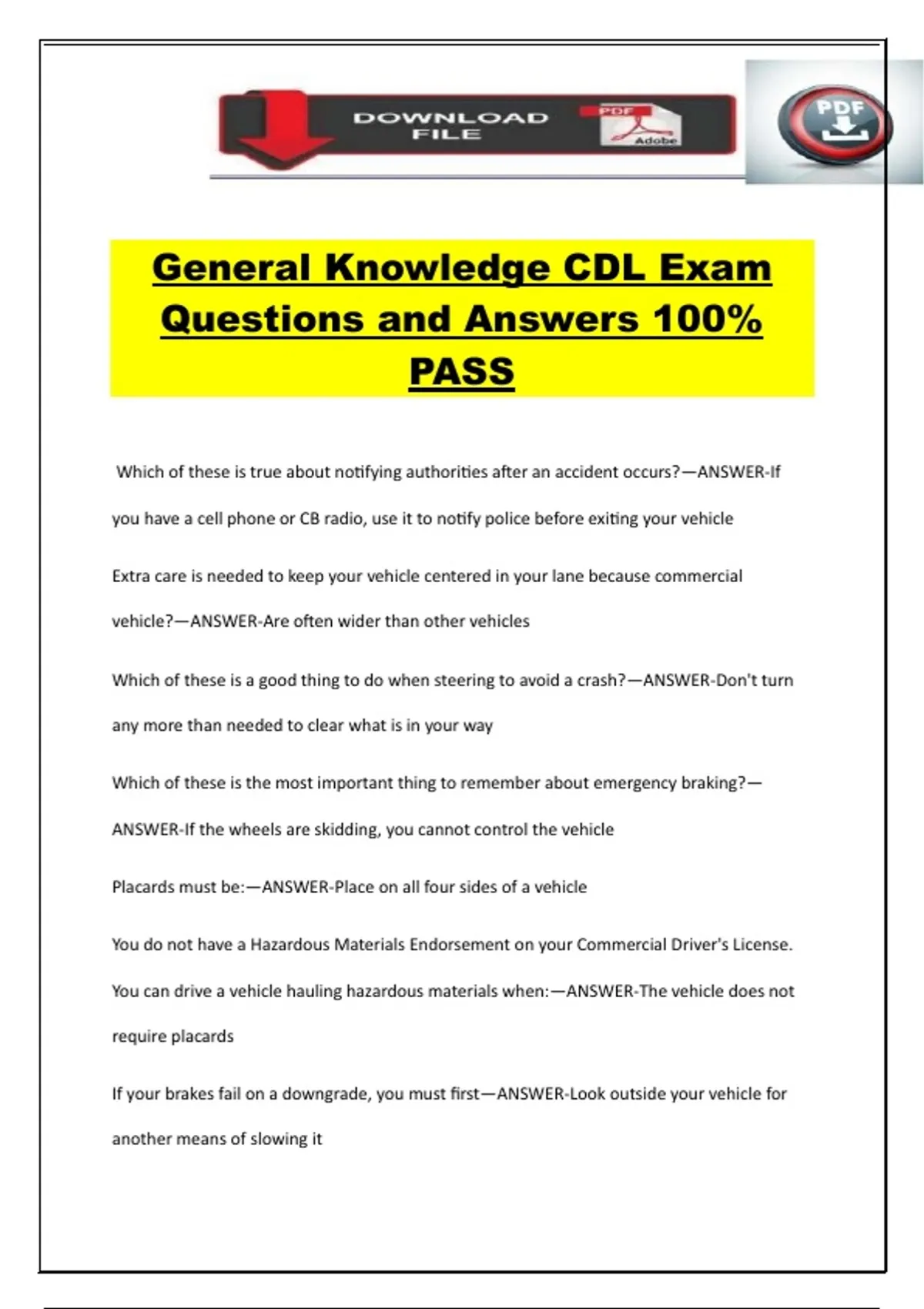 General Knowledge CDL Exam Questions and Answers 100% PASS - Permit ...