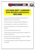 LTO EXAM &lpar;PART 1 CARWAHE&rpar; Exam Questions and Answers 100&percnt; PASS