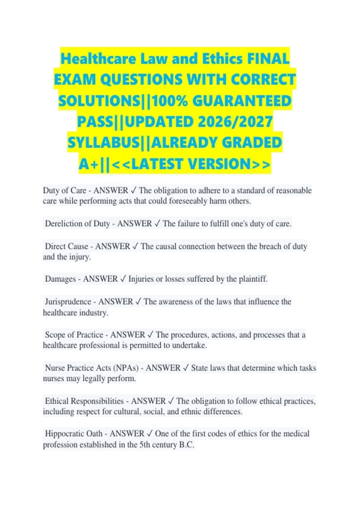 Healthcare Law and Ethics FINAL EXAM QUESTIONS WITH CORRECT SOLUTIONS ...
