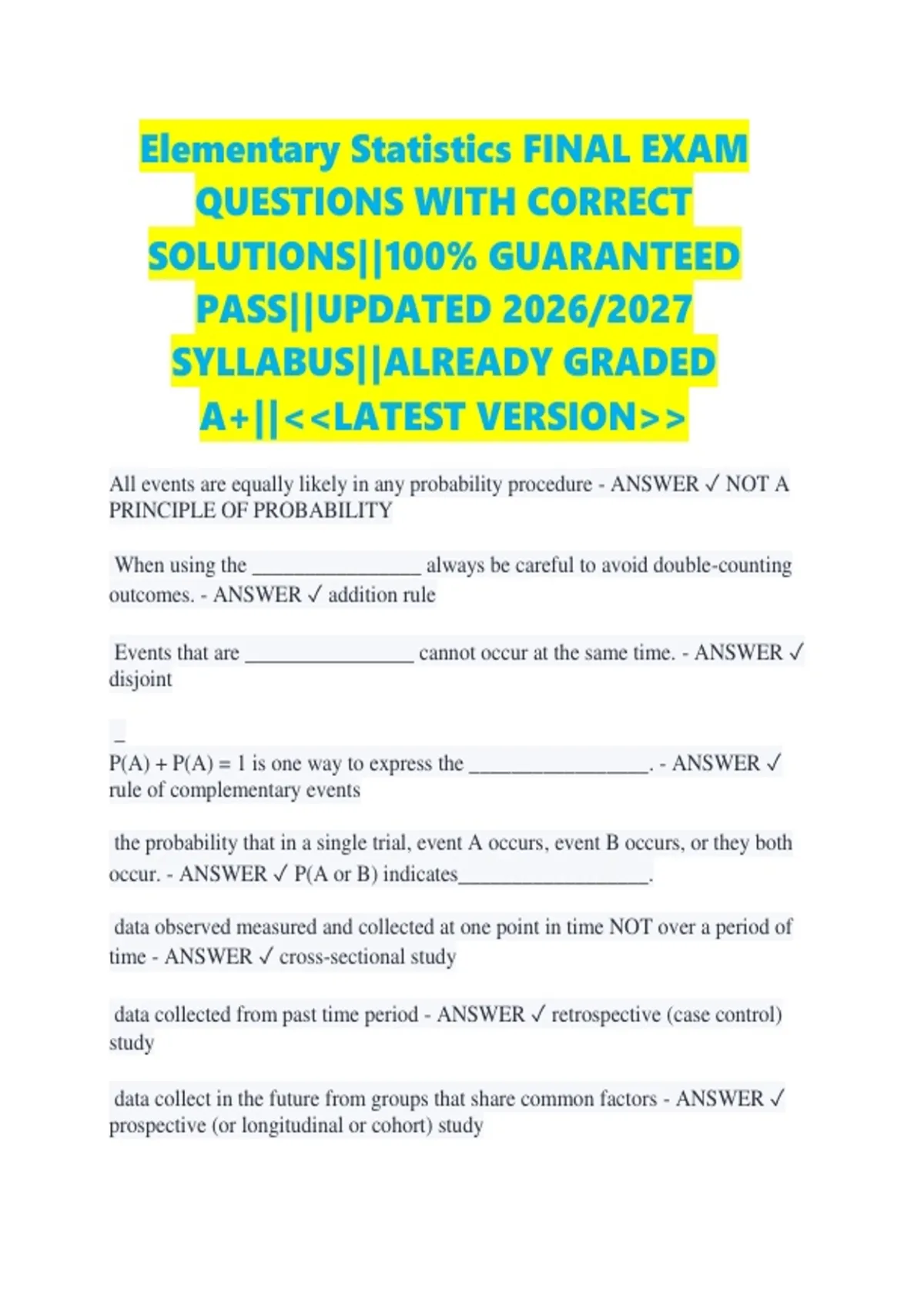 Elementary Statistics FINAL EXAM QUESTIONS WITH CORRECT SOLUTIONS||100% ...