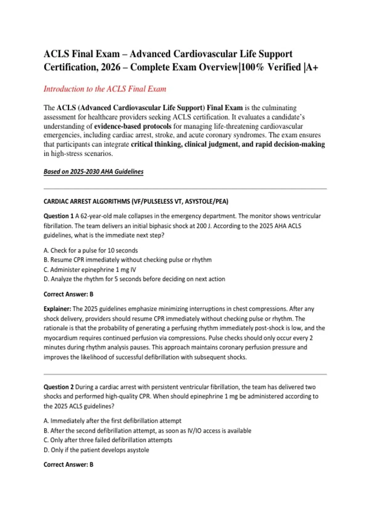 ACLS Final Exam – Advanced Cardiovascular Life Support Certification ...