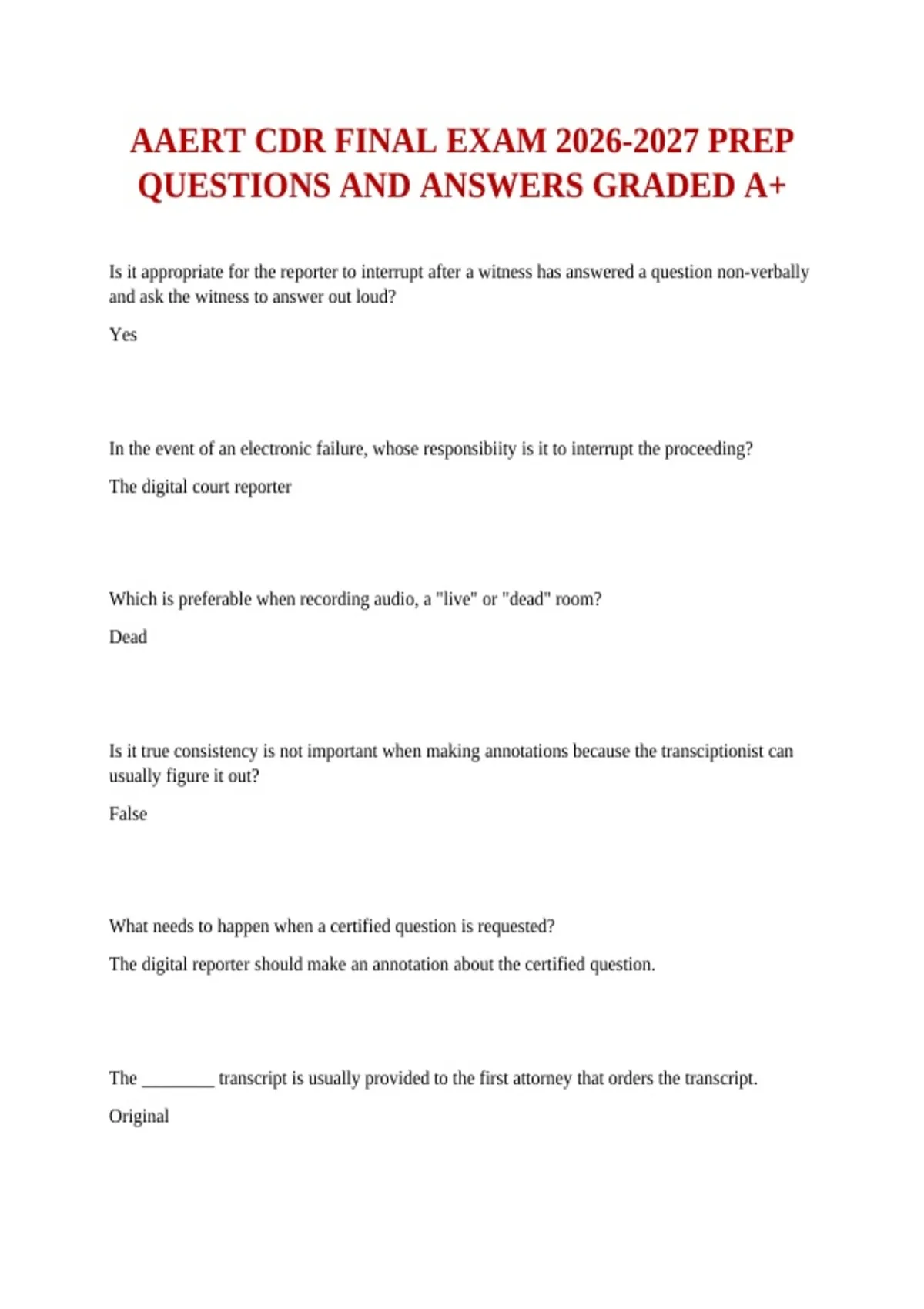 AAERT CDR FINAL EXAM PREP QUESTIONS AND ANSWERS GRADED A+ - AAERT CDR ...
