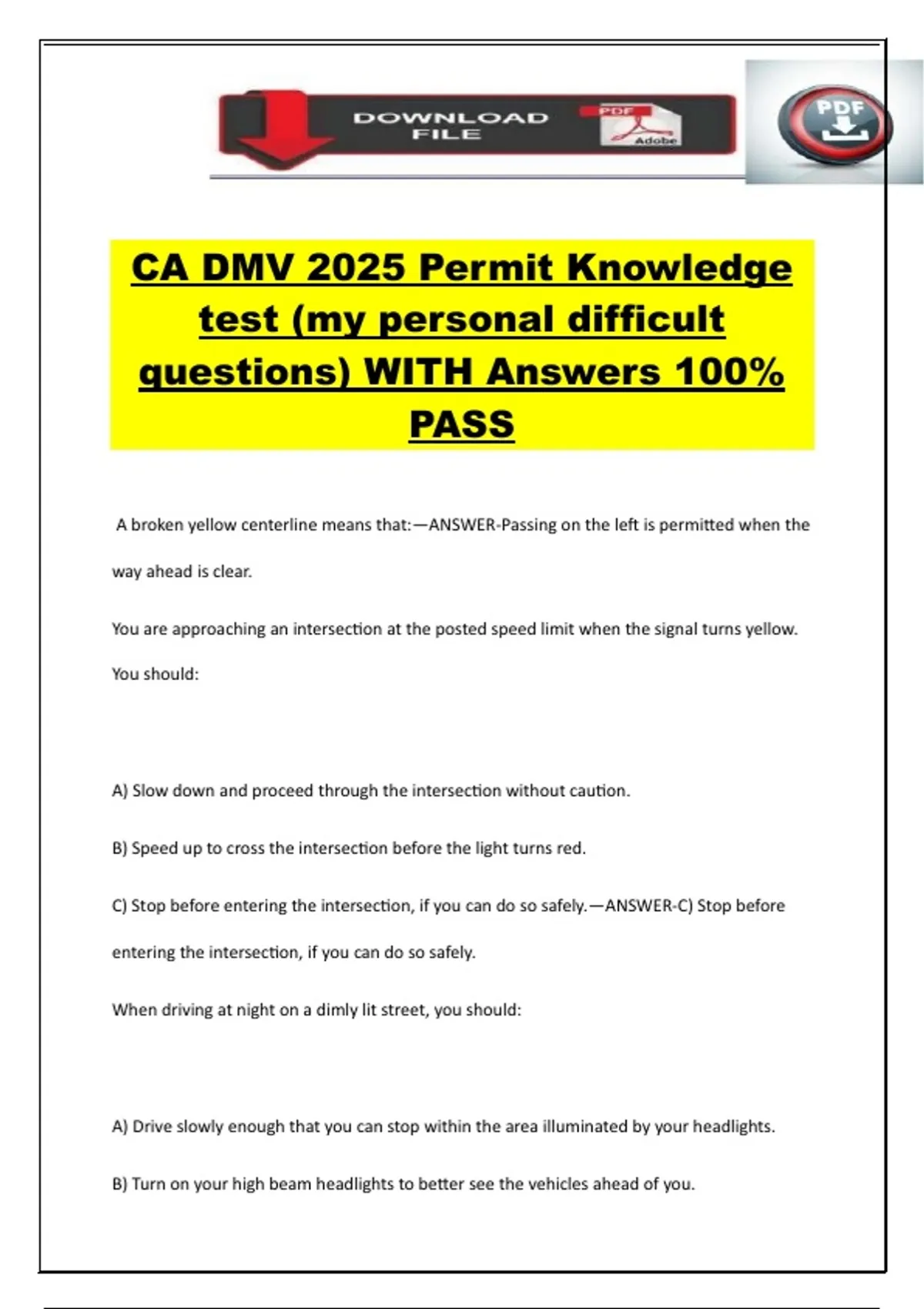 CA DMV 2025 Permit Knowledge test (my personal difficult questions ...