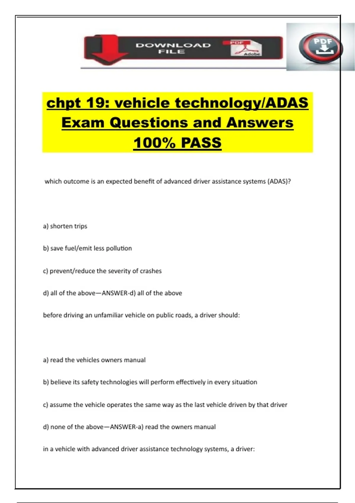 chpt 19: vehicle technology/ADAS Exam Questions and Answers 100% PASS ...