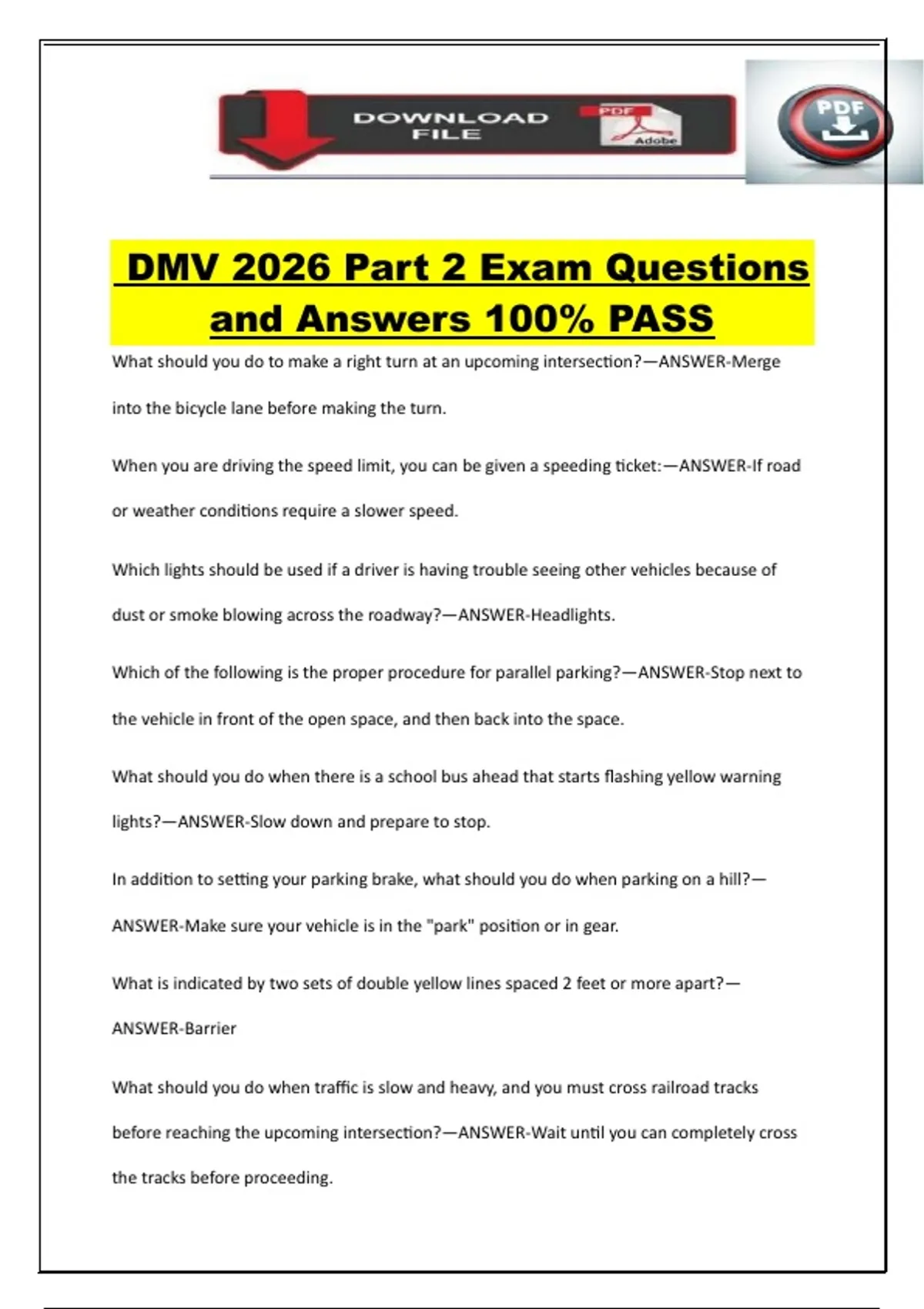 DMV 2026 Part 2 Exam Questions and Answers 100% PASS - DMV PERMIT ...