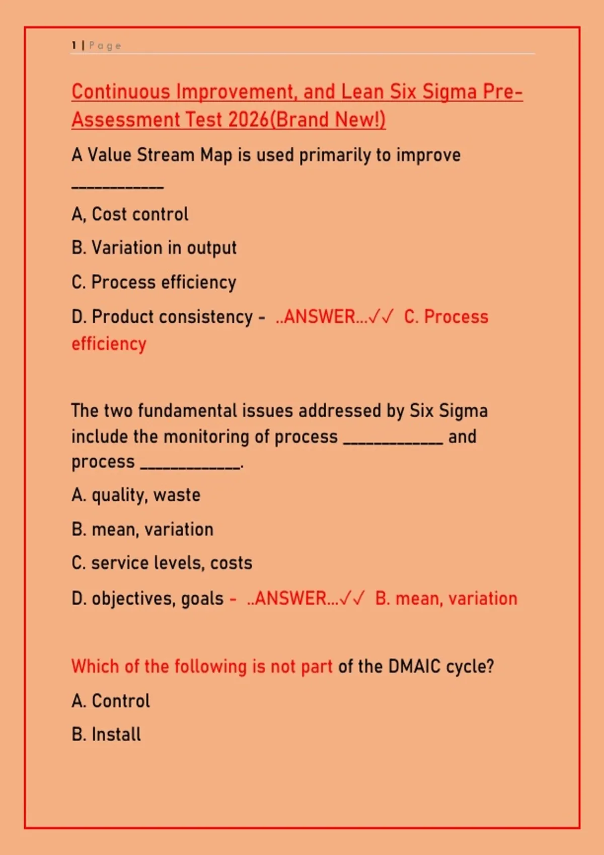 Continuous Improvement & Lean Six Sigma Pre-Assessment 2026: 300 ...