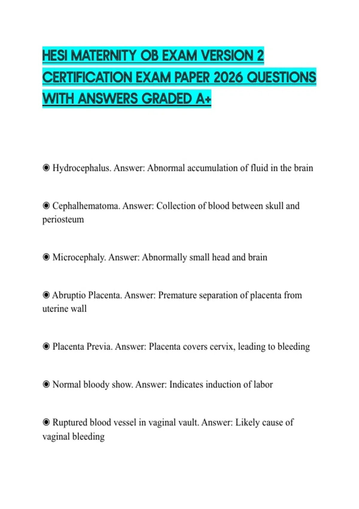 HESI MATERNITY OB EXAM VERSION 2 CERTIFICATION EXAM PAPER 2026 ...