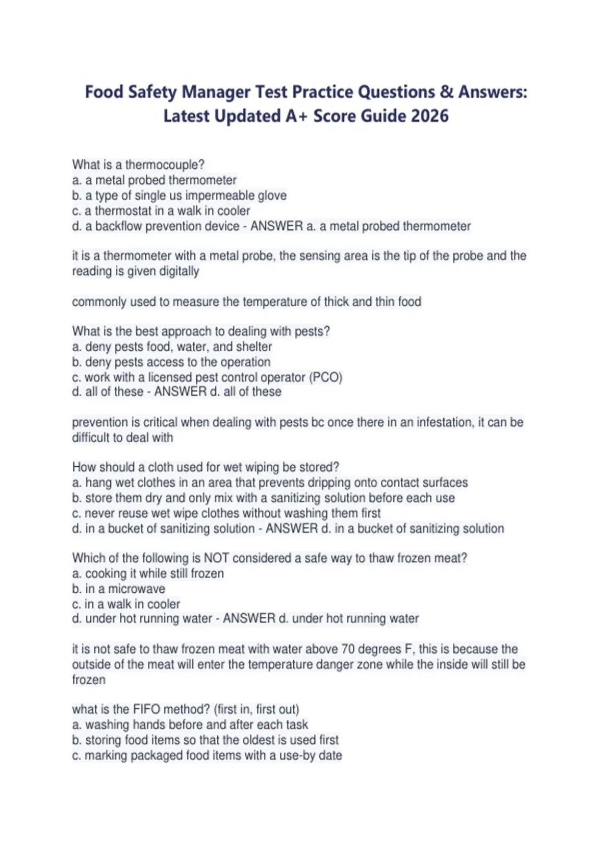 Food Safety Manager Test Practice Questions & Answers: Latest Updated ...