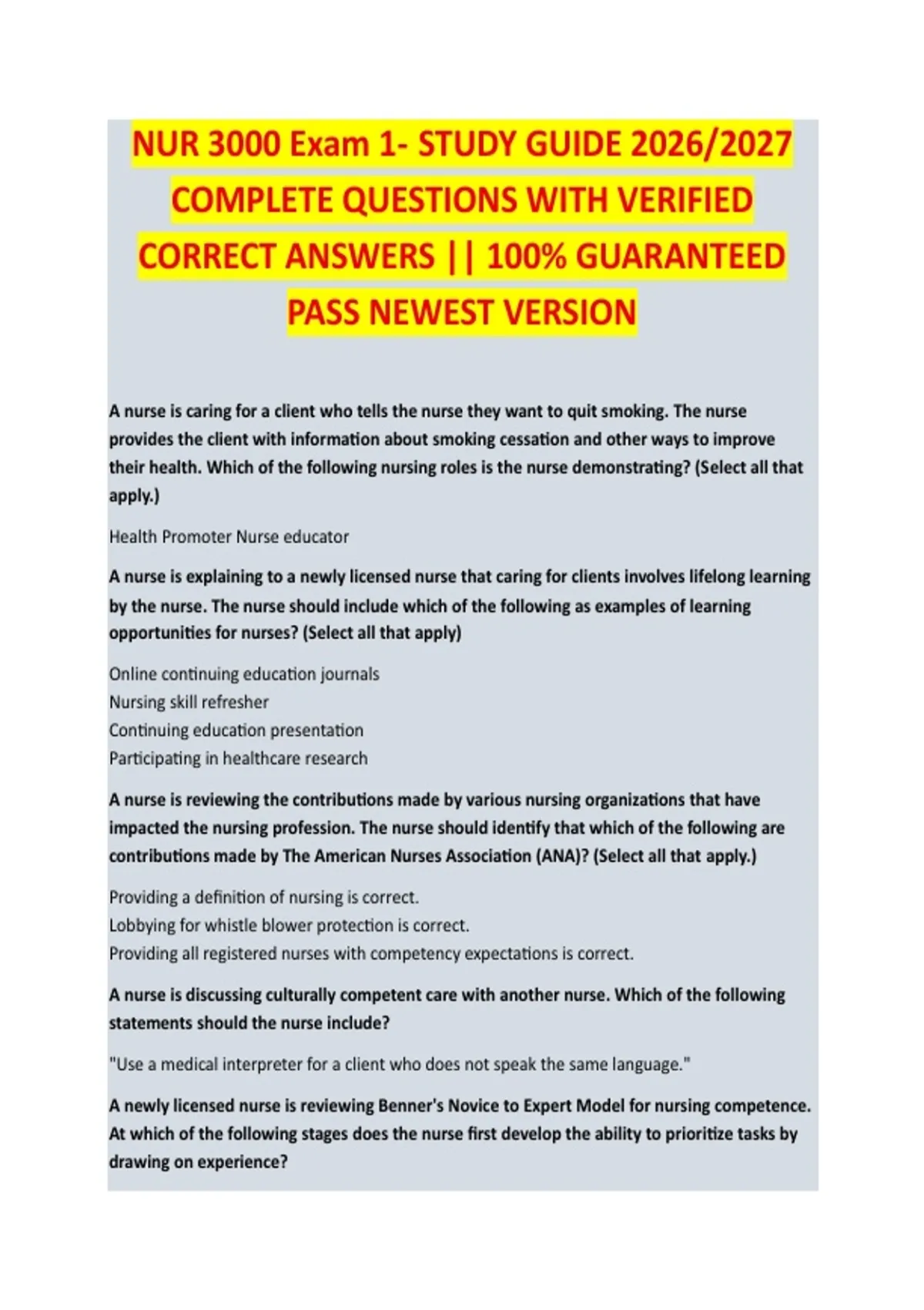 NUR 3000 Exam 1 – Nursing Complete Exam Study Guide 2026/2027 with ...