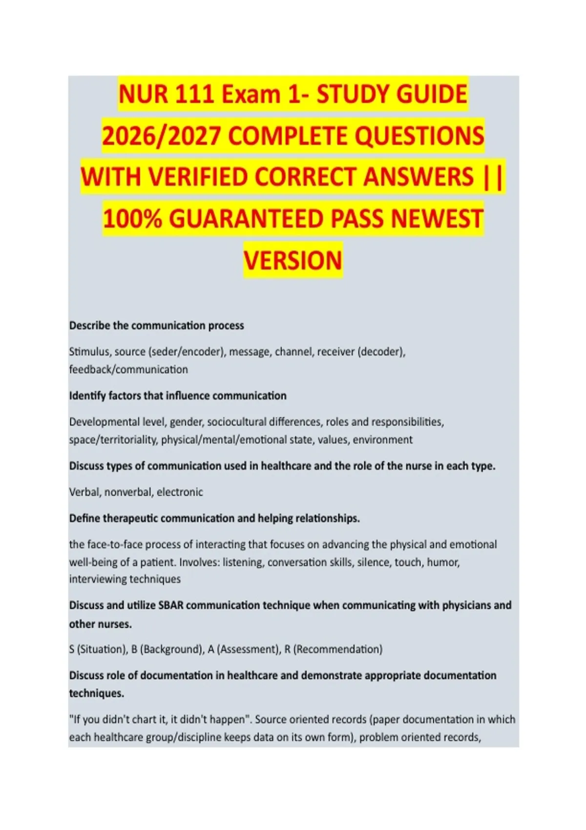 NUR 111 Exam 1 – Nursing Complete Exam Study Guide 2026/2027 with ...