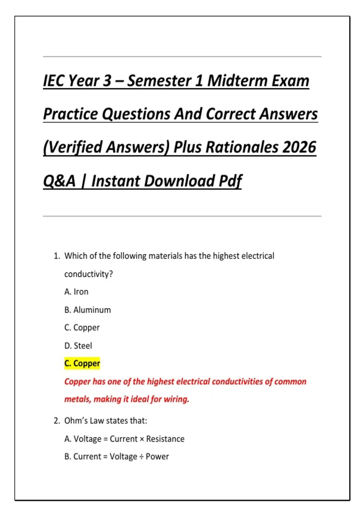 IEC Year 3 – Semester 1 Midterm Exam Practice Questions And Correct ...