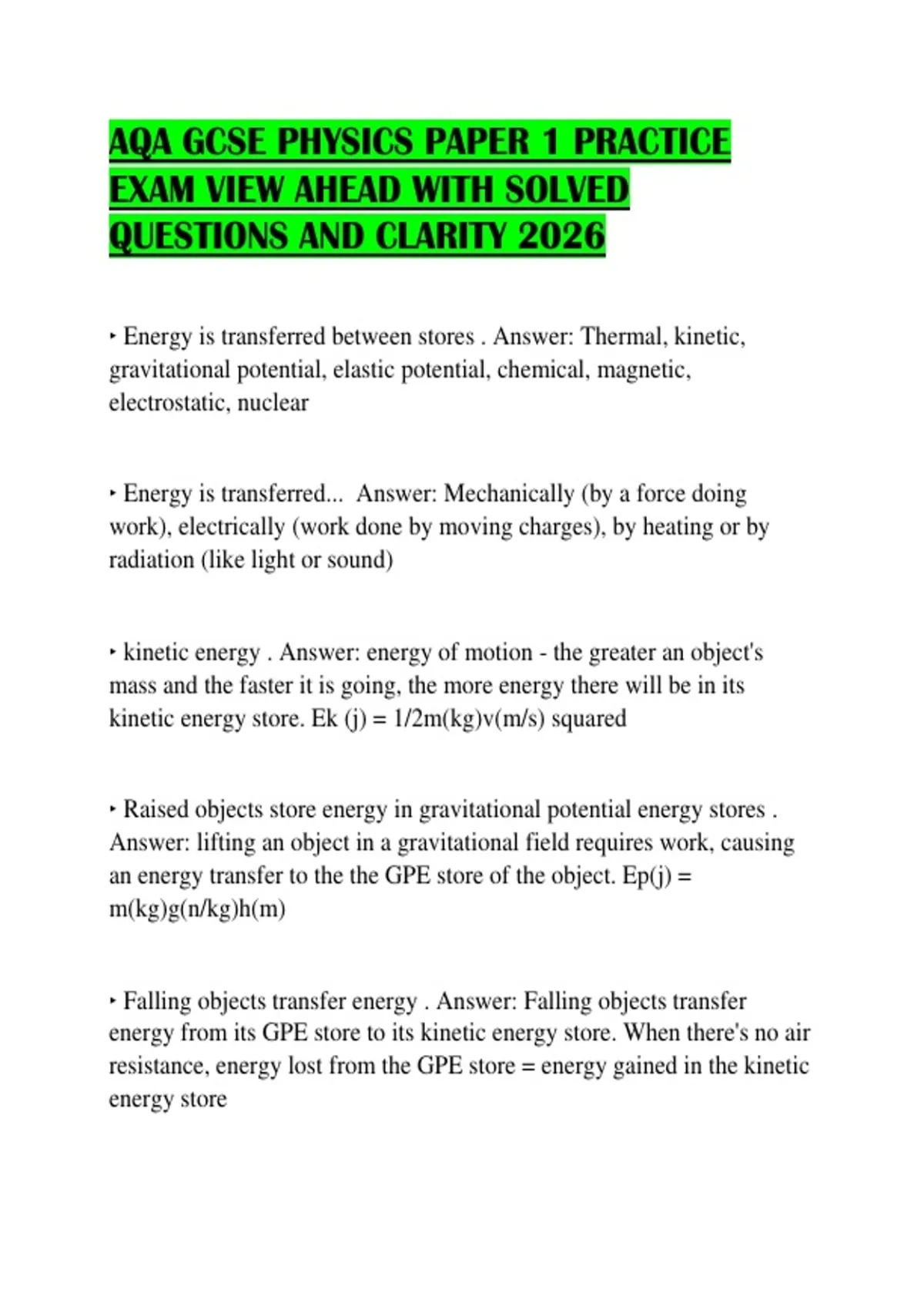 AQA GCSE PHYSICS PAPER 1 PRACTICE EXAM VIEW AHEAD WITH SOLVED QUESTIONS ...