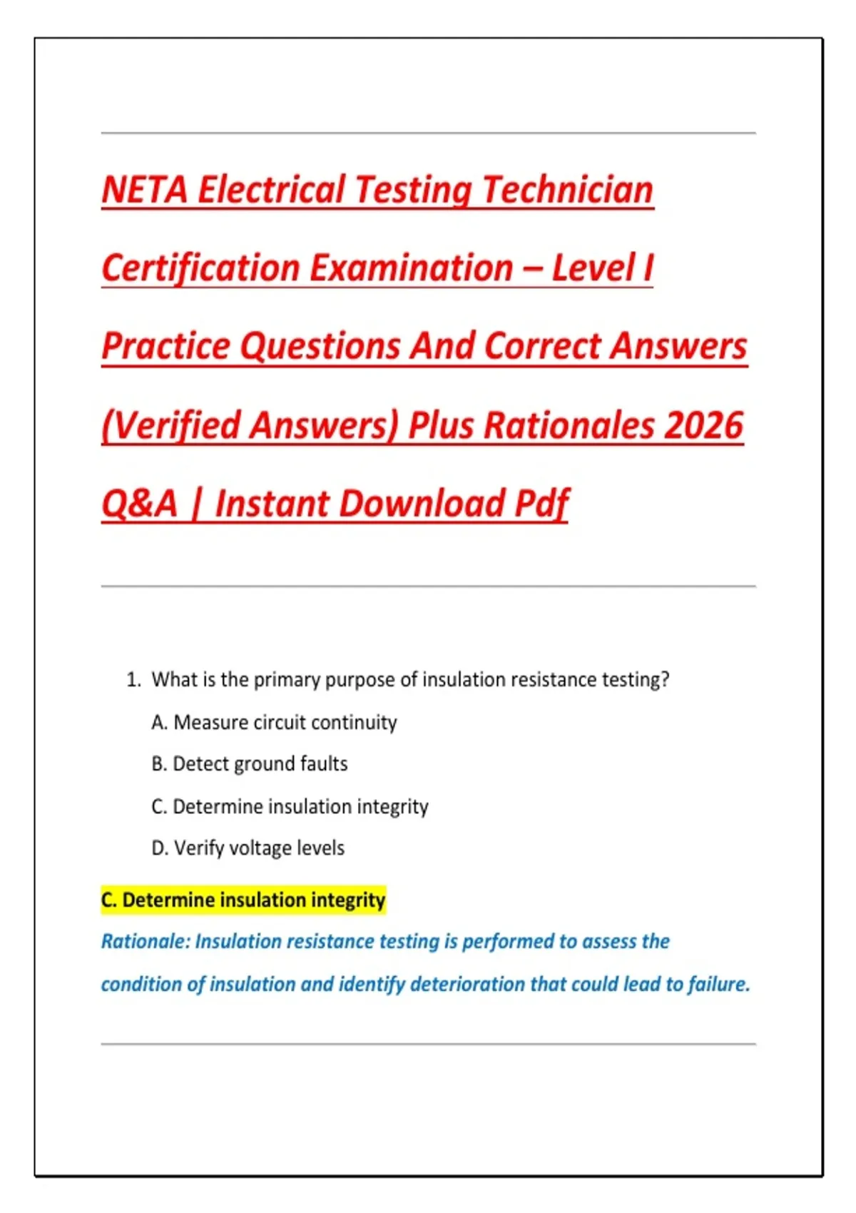Neta Training Testing NETA Electrical Testing Technician Certification Examination – Level I ...