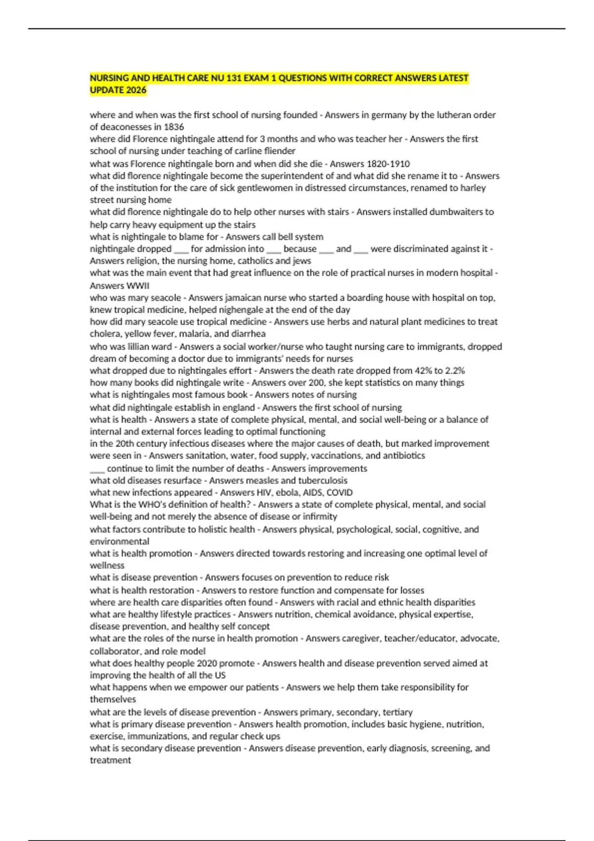 NURSING AND HEALTH CARE NU 131 EXAM 1 QUESTIONS WITH CORRECT ANSWERS ...