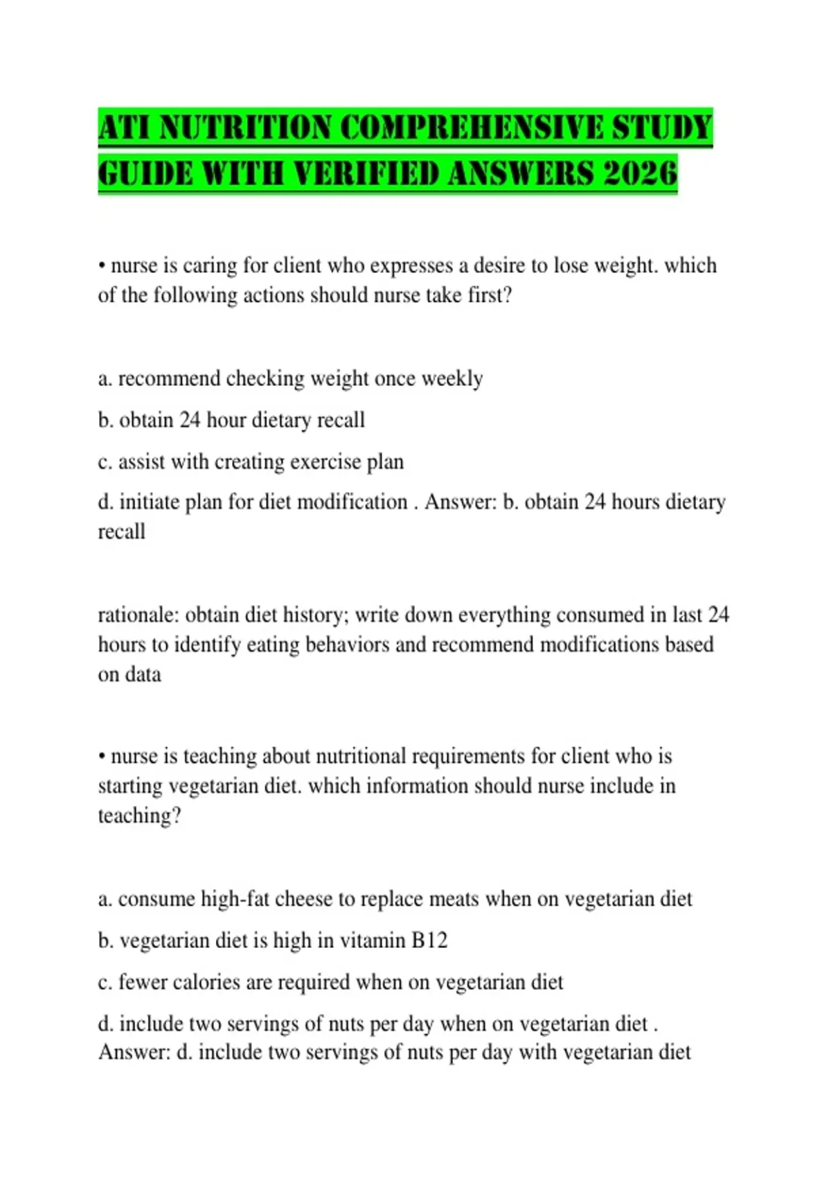 ATI NUTRITION COMPREHENSIVE STUDY GUIDE WITH VERIFIED ANSWERS 2026 ...
