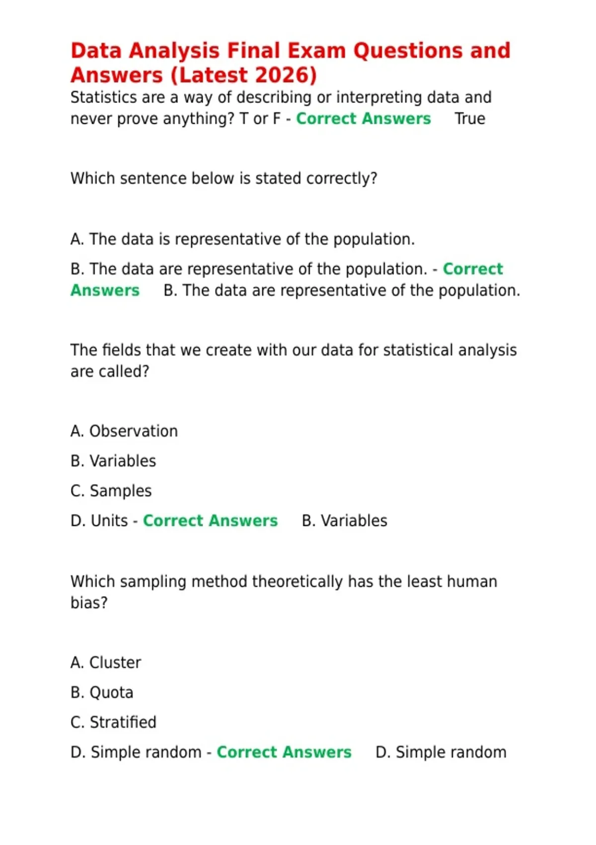Test Questions Examples Data Analysis Data Analysis Final Exam Questions and Answers (Latest 2026). - Data ...