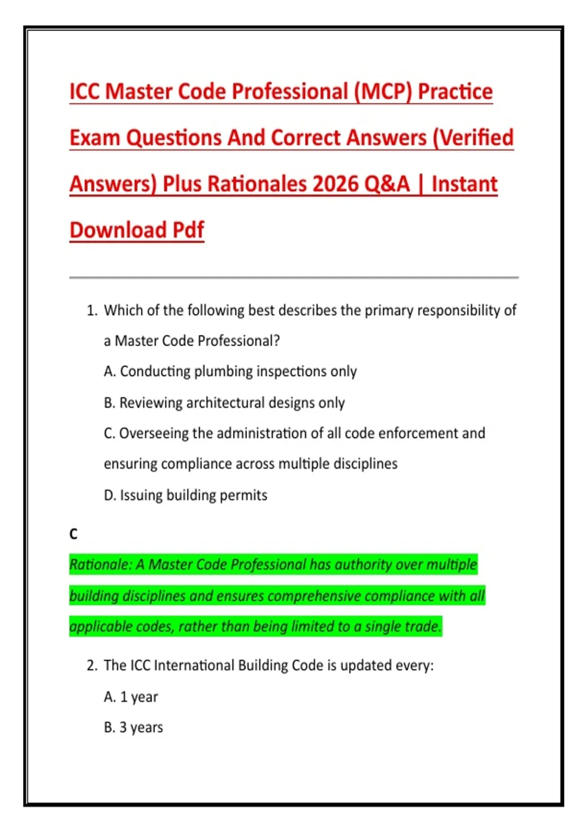 Master Cde ICC Master Code Professional (MCP) Practice Exam Questions And Correct ...