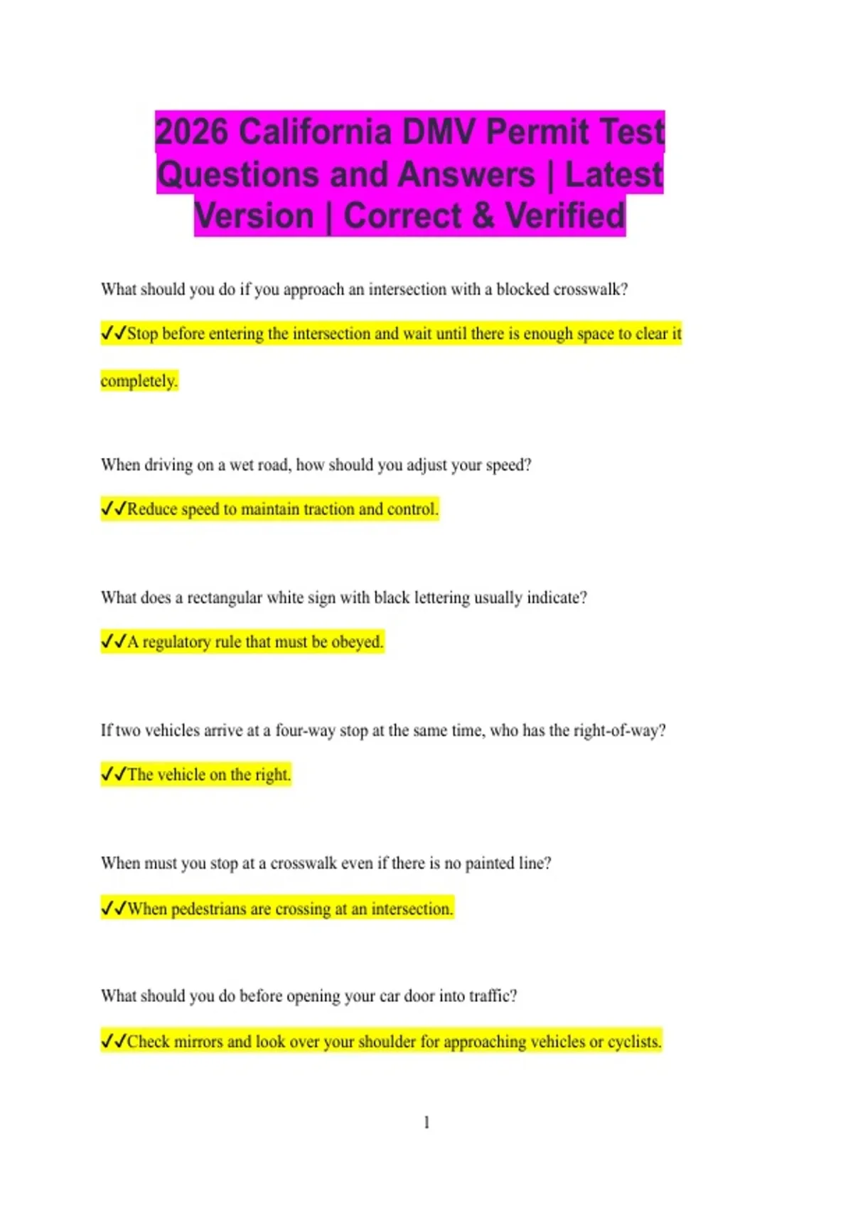 2026 California DMV Permit Test Questions and Answers | Latest Version ...