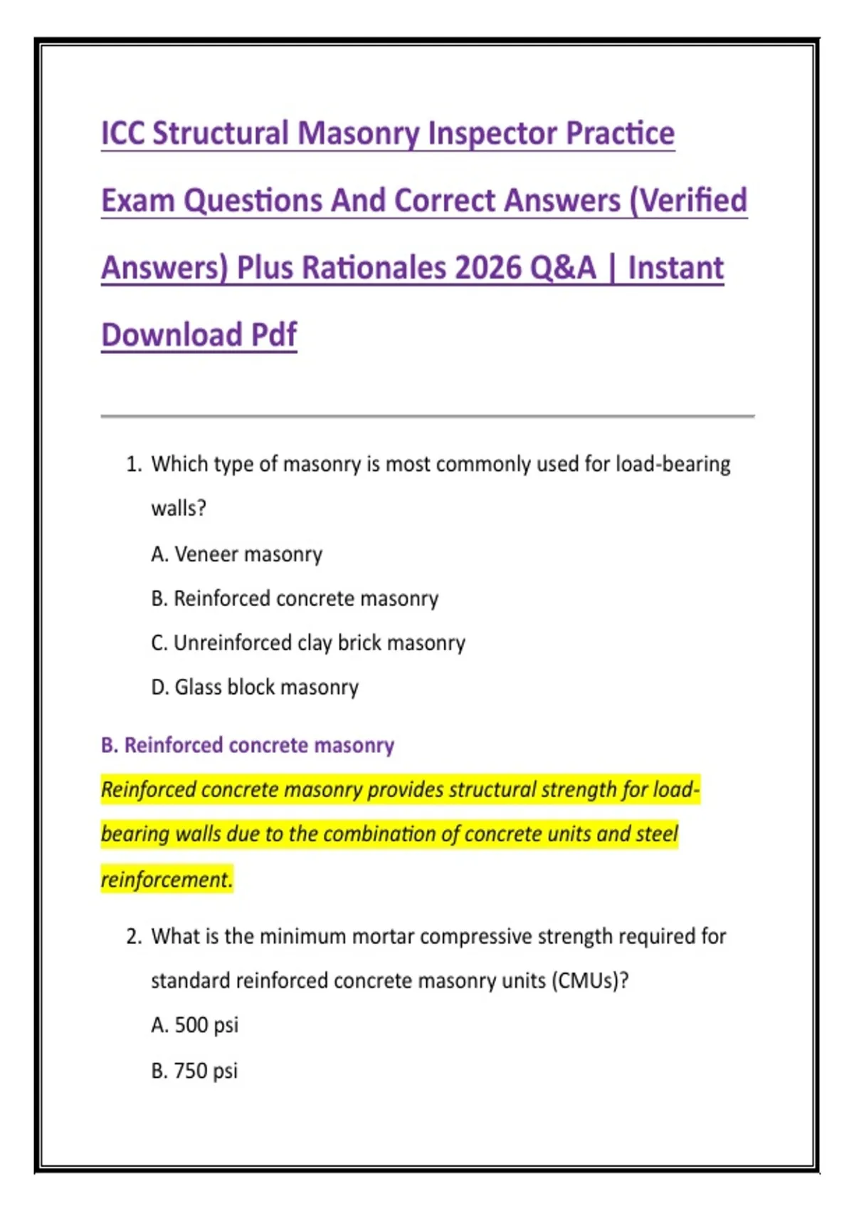 Masonry Practice Problem ICC Structural Masonry Inspector Practice Exam Questions And Correct ...