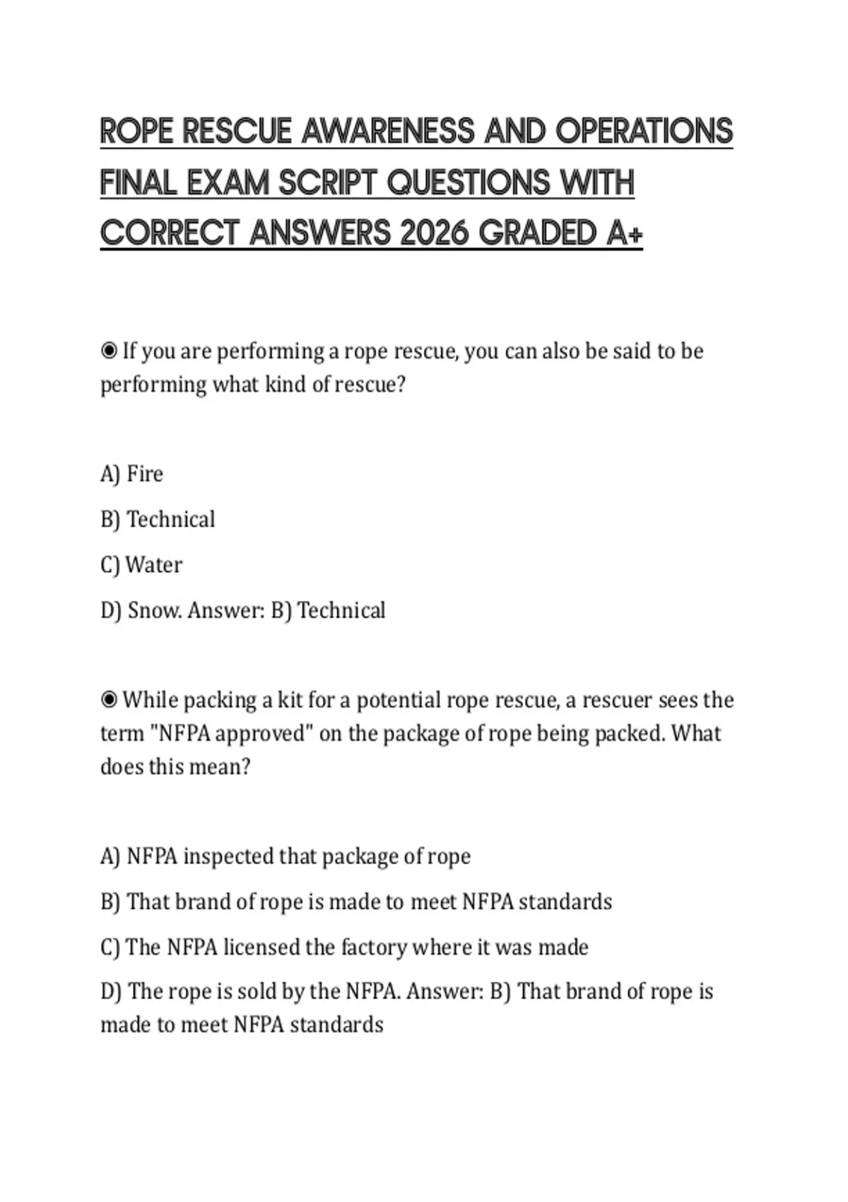Job Application Rope Question ROPE RESCUE AWARENESS AND OPERATIONS FINAL EXAM SCRIPT QUESTIONS WITH ...