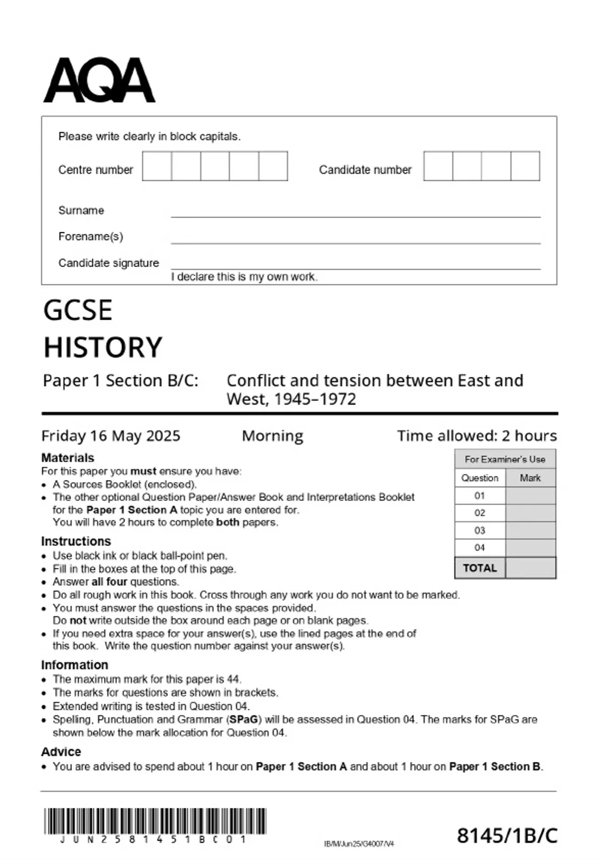 History Gcse Coursework Example AQA GCSE HISTORY Paper 1 Section B/C: Conflict and tension between East ...