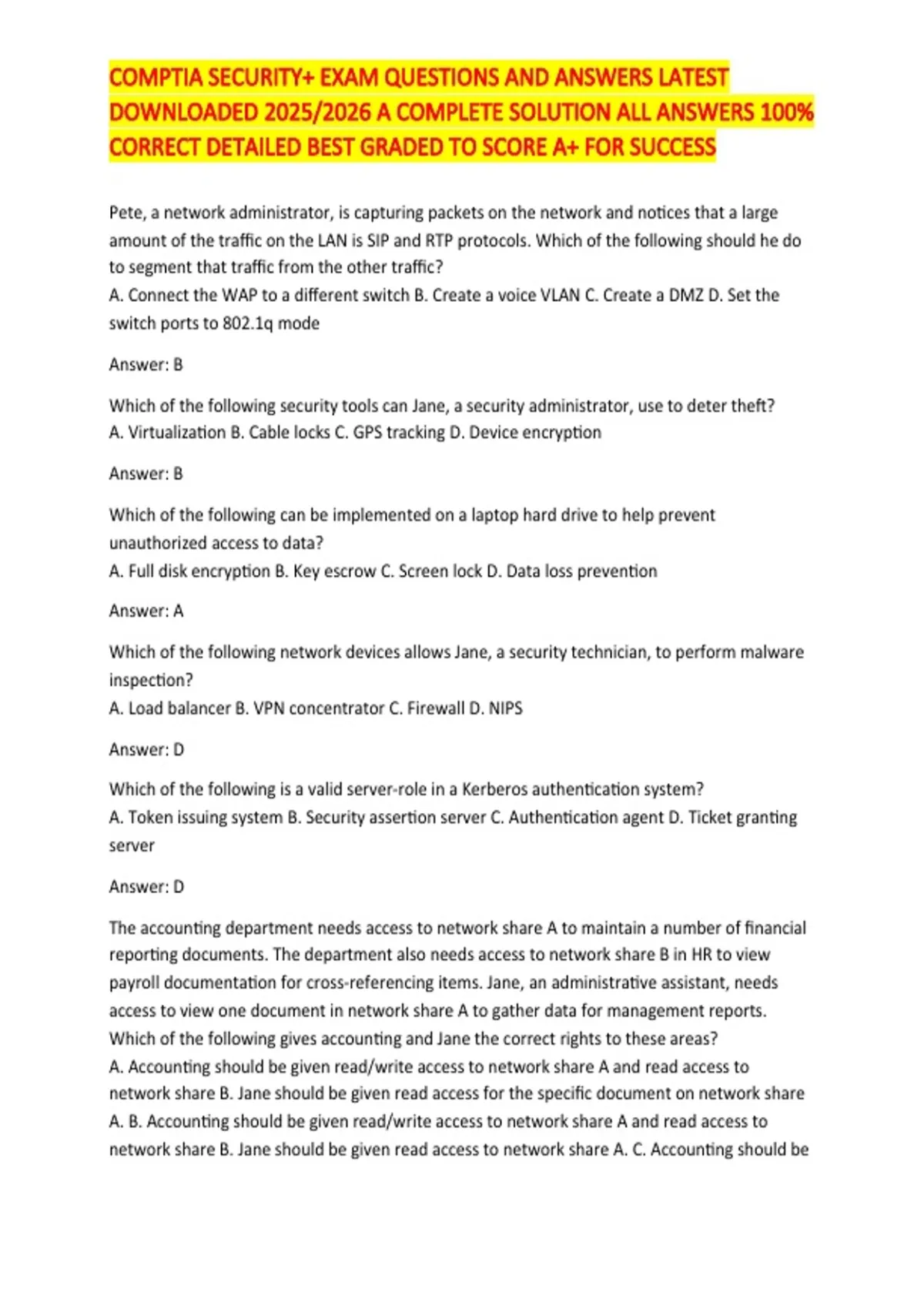 COMPTIA SECURITY+ EXAM QUESTIONS AND ANSWERS LATEST DOWNLOADED 2025/ ...