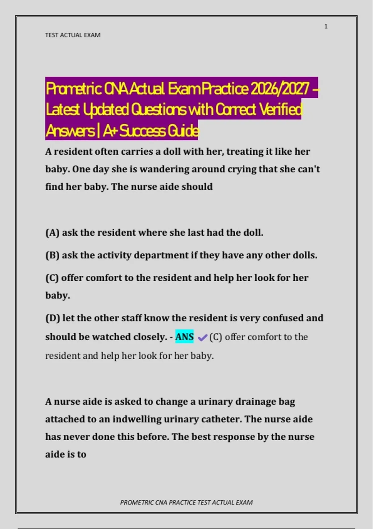Prometric CNA Actual Exam Practice 2026/2027 – Latest Updated Questions ...