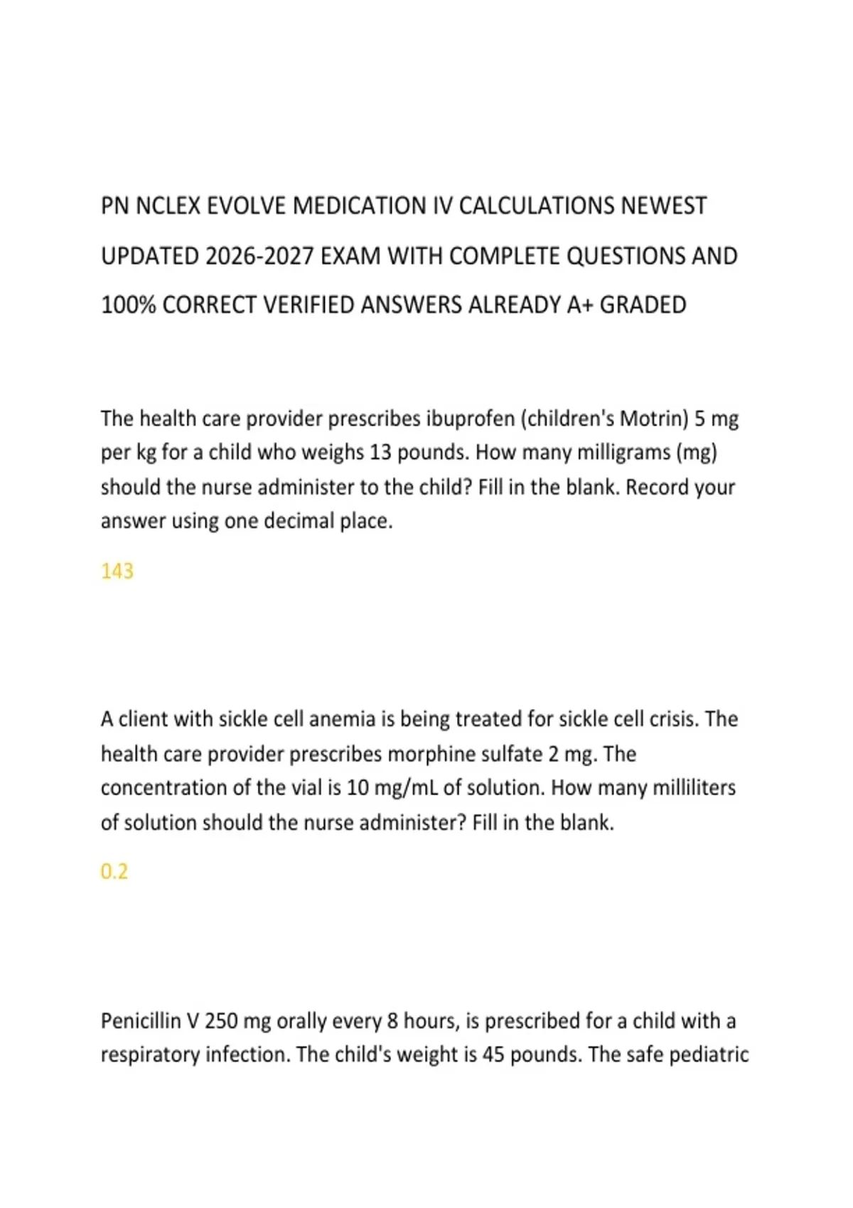 PN NCLEX EVOLVE MEDICATION IV CALCULATIONS NEWEST UPDATED EXAM WITH ...