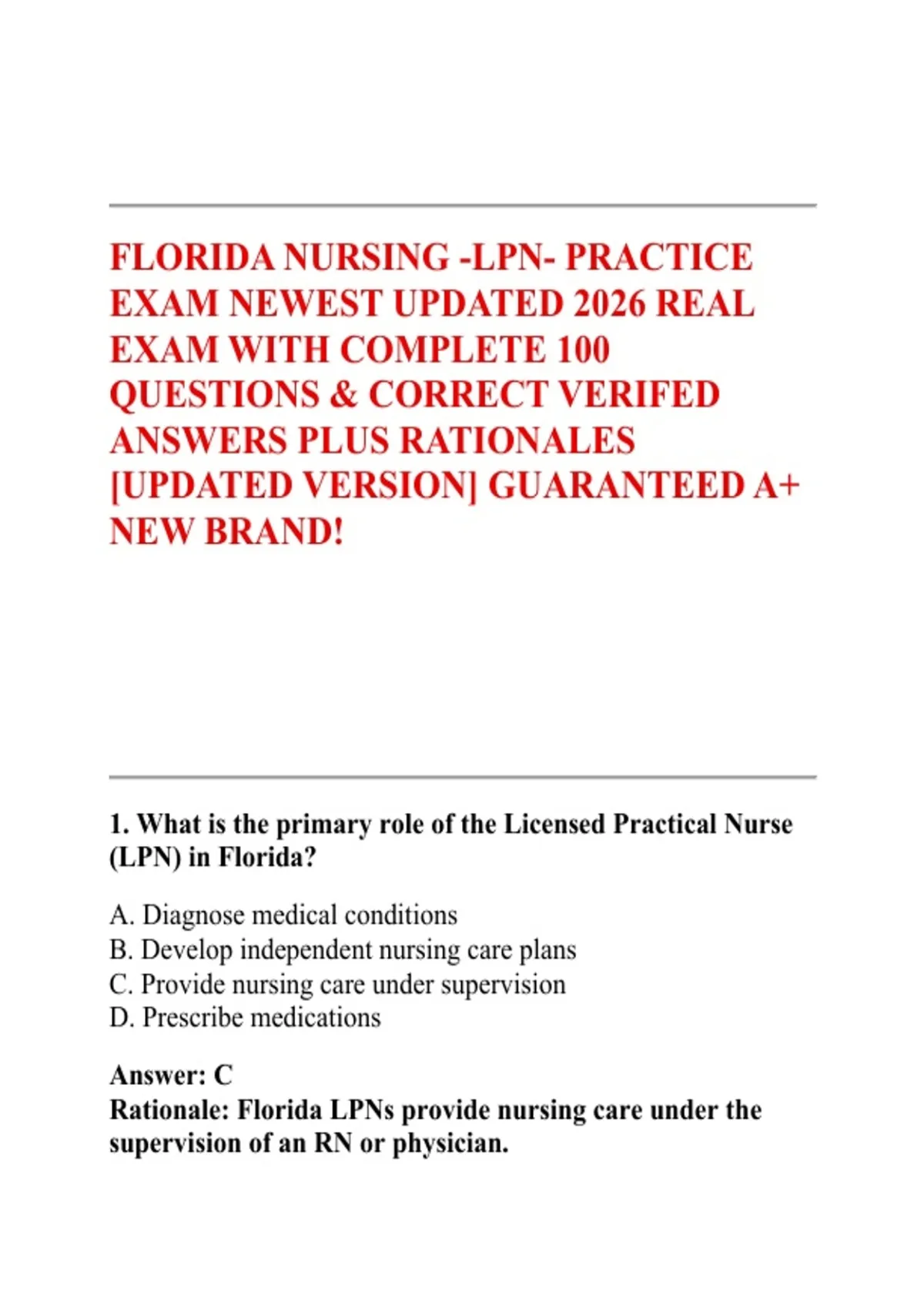FLORIDA NURSING -LPN- PRACTICE EXAM NEWEST UPDATED 2026 REAL EXAM WITH ...