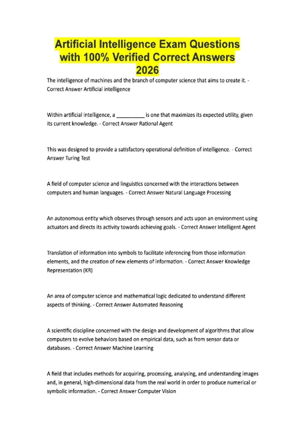 Artificial Intelligence Exam Questions with 100% Verified Correct Answers 2026 - Artificial ...