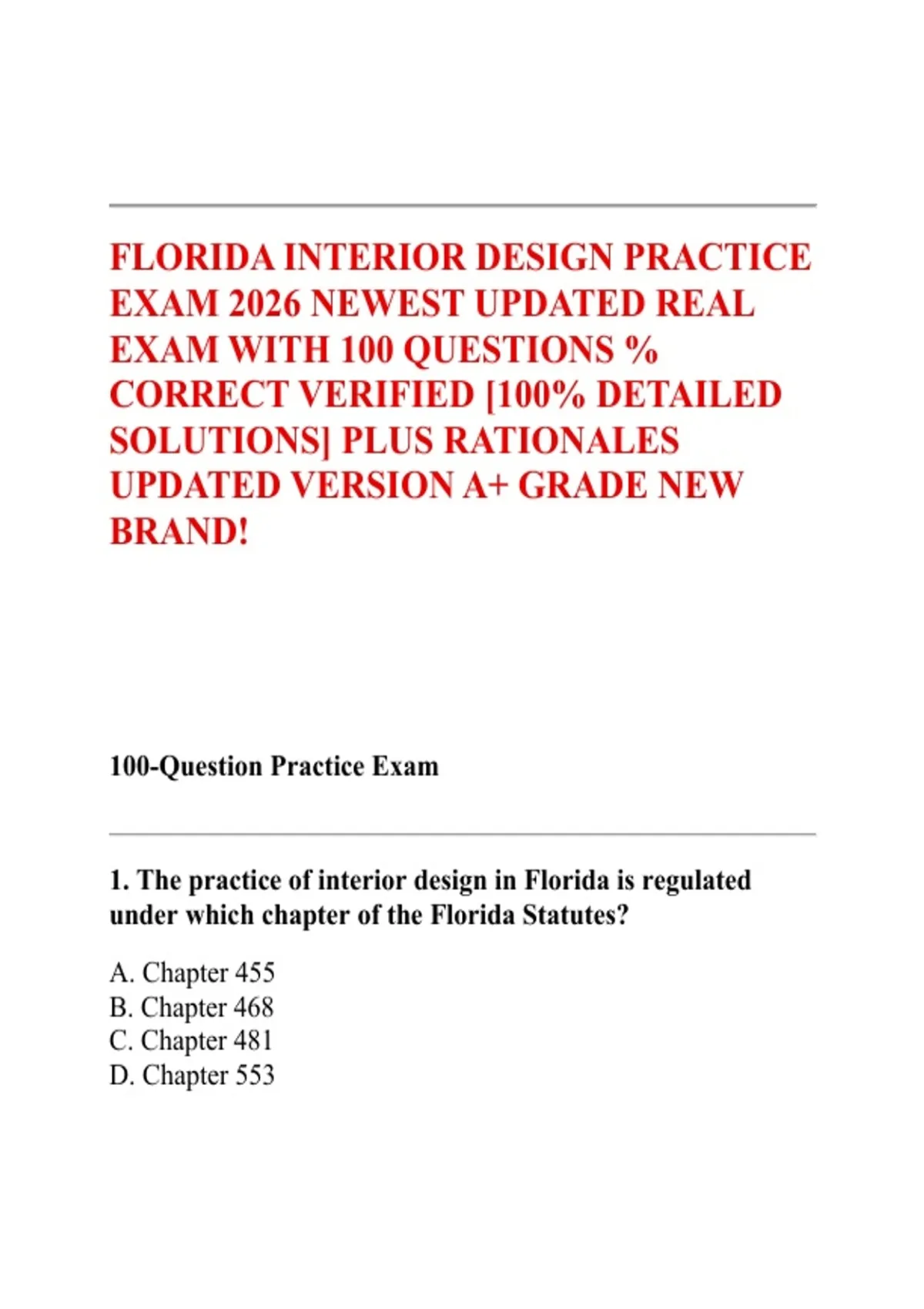 FLORIDA INTERIOR DESIGN PRACTICE EXAM 2026 NEWEST UPDATED REAL EXAM ...
