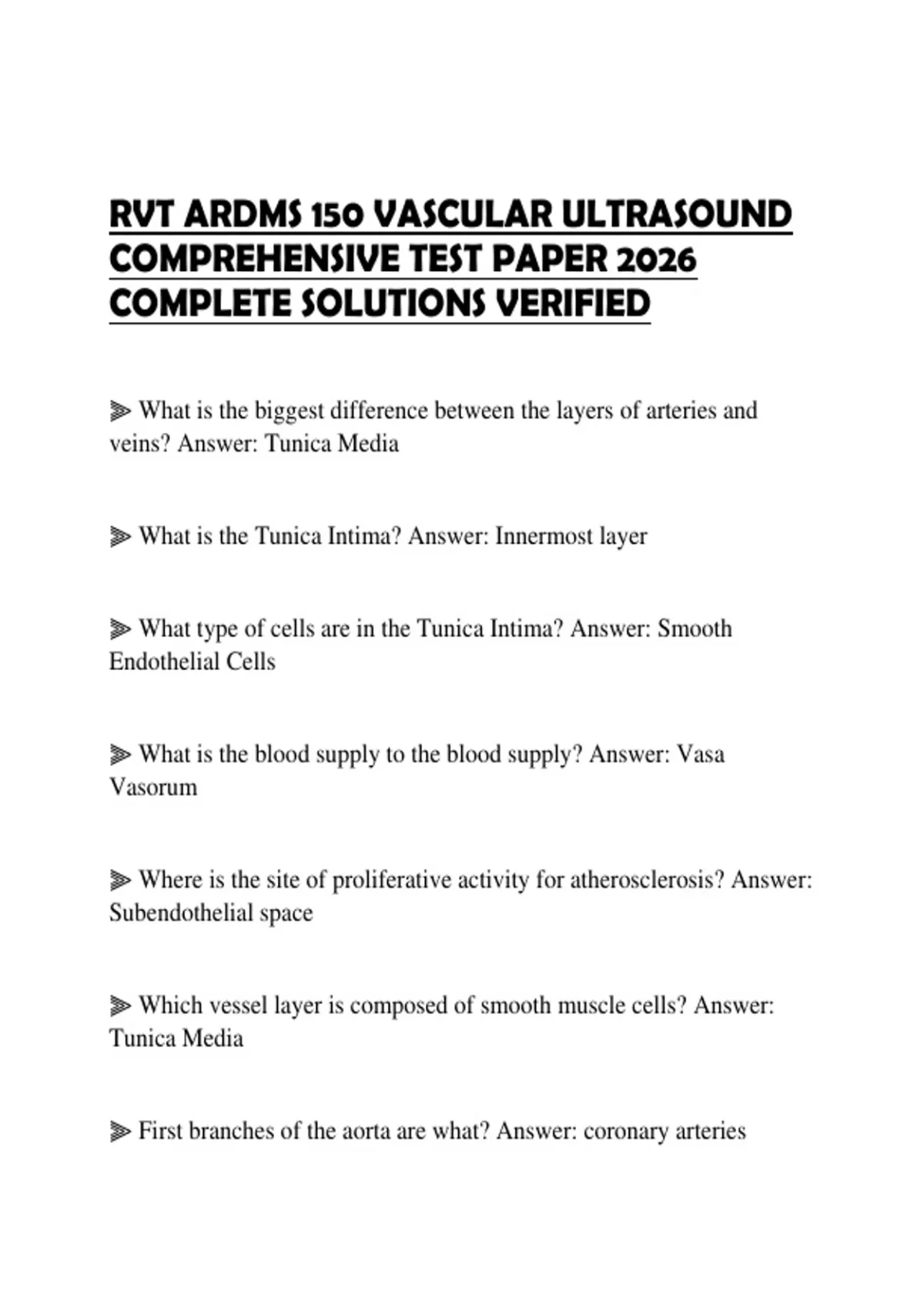 RVT ARDMS 150 VASCULAR ULTRASOUND COMPREHENSIVE TEST PAPER 2026 ...