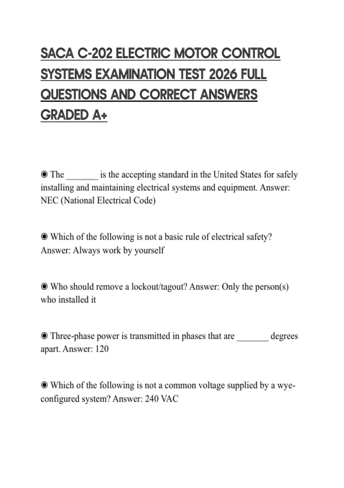 Saca Test Example SACA C-202 ELECTRIC MOTOR CONTROL SYSTEMS EXAMINATION TEST 2026 FULL ...