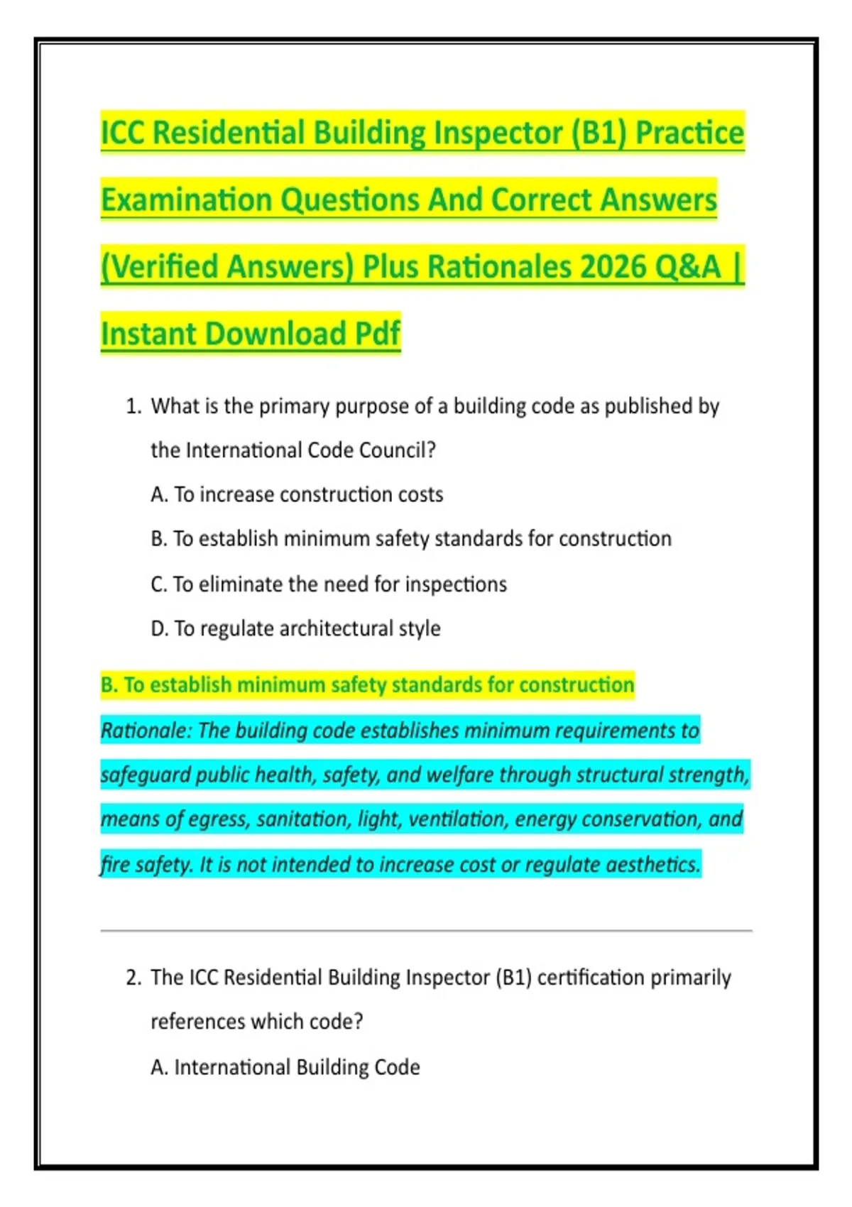 Level 1 Inspector Practical Examples ICC Residential Building Inspector (B1) Practice Examination Questions ...