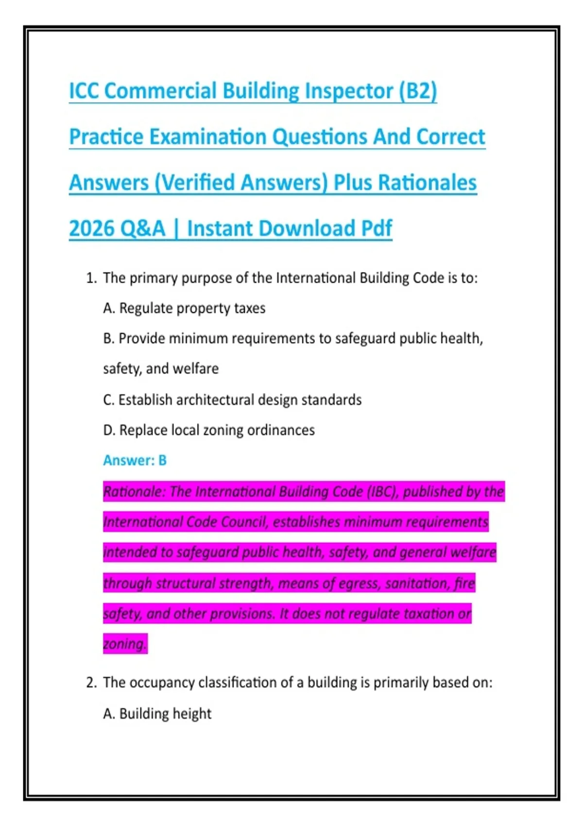 Commercial Building Questionnaire ICC Commercial Building Inspector (B2) Practice Examination Questions ...