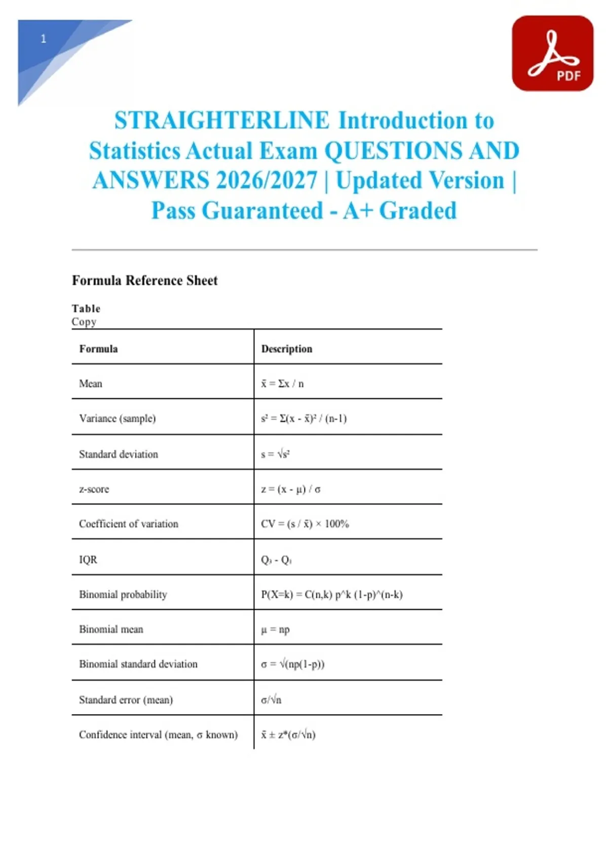STRAIGHTERLINE Introduction to Statistics Actual Exam QUESTIONS AND ...