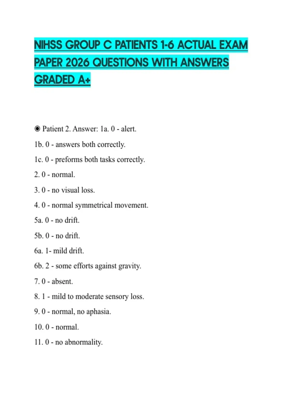 NIHSS GROUP C PATIENTS 1-6 ACTUAL EXAM PAPER 2026 QUESTIONS WITH ...
