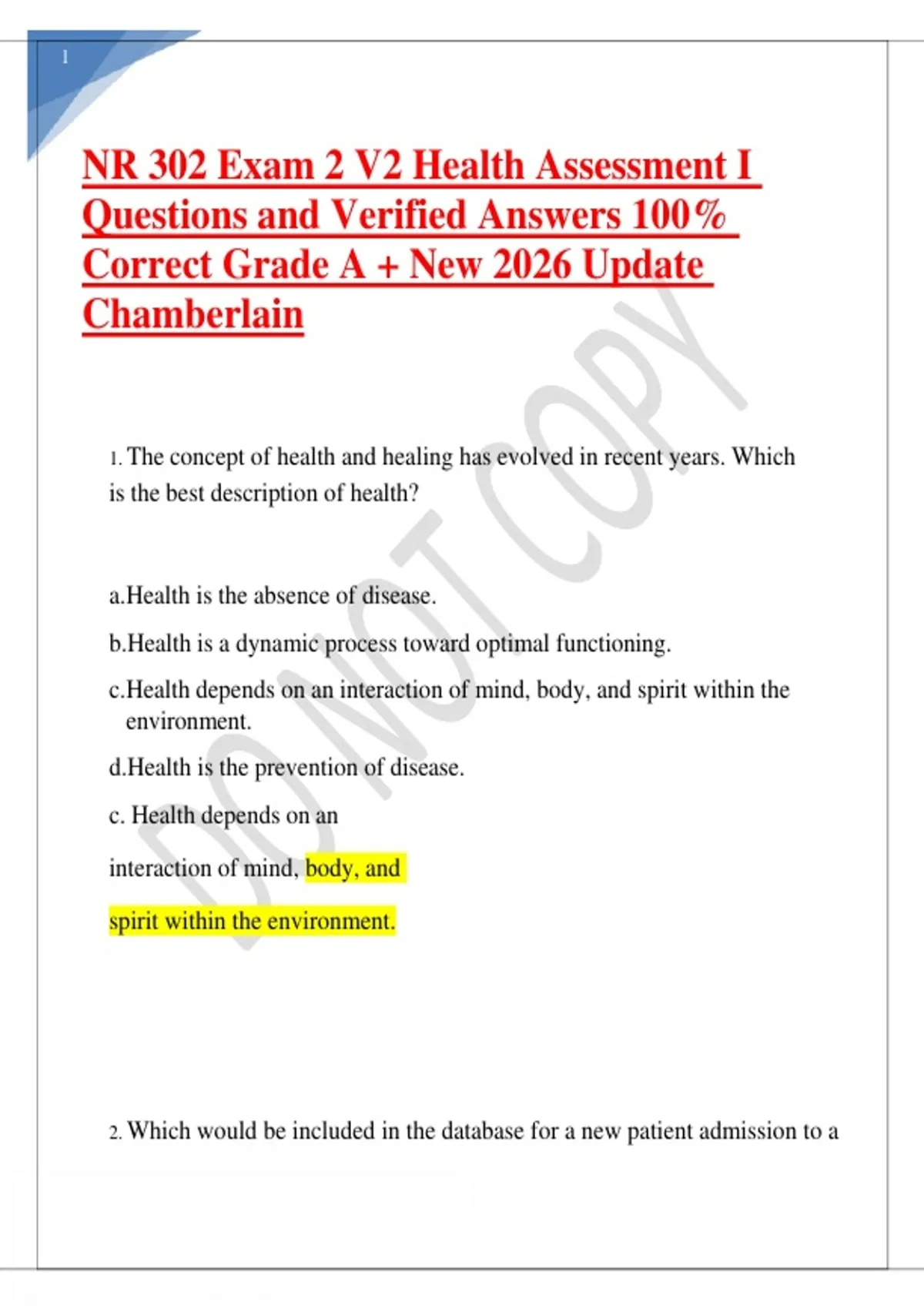 NR 302 Exam 2 V2 Health Assessment I Questions and Verified Answers 100 ...