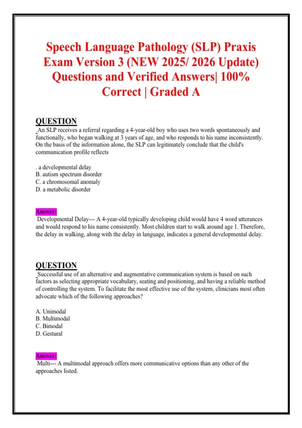 Speech Language Pathology (SLP) Praxis Exam Version 3 (NEW 2025/ 2026 ...