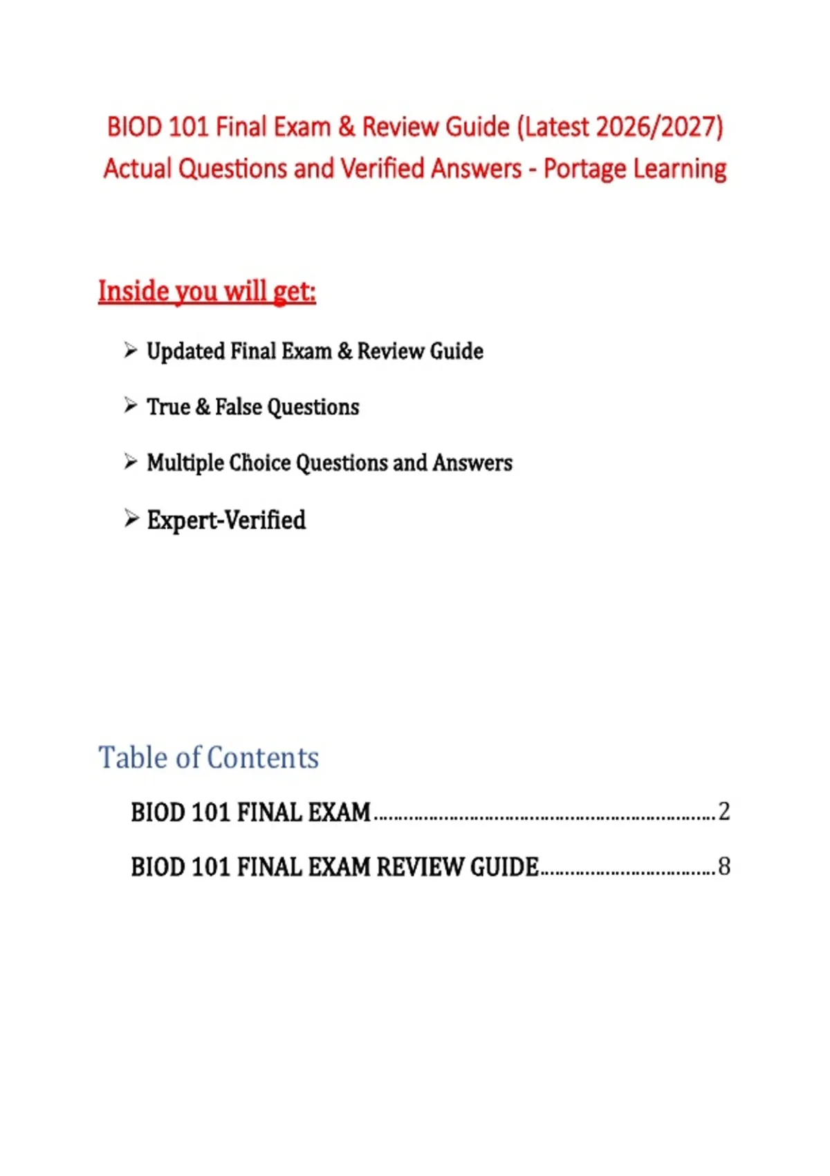 BIOD 101 – Final Exam & Review Guide, Portage Learning 2026/2027 ...