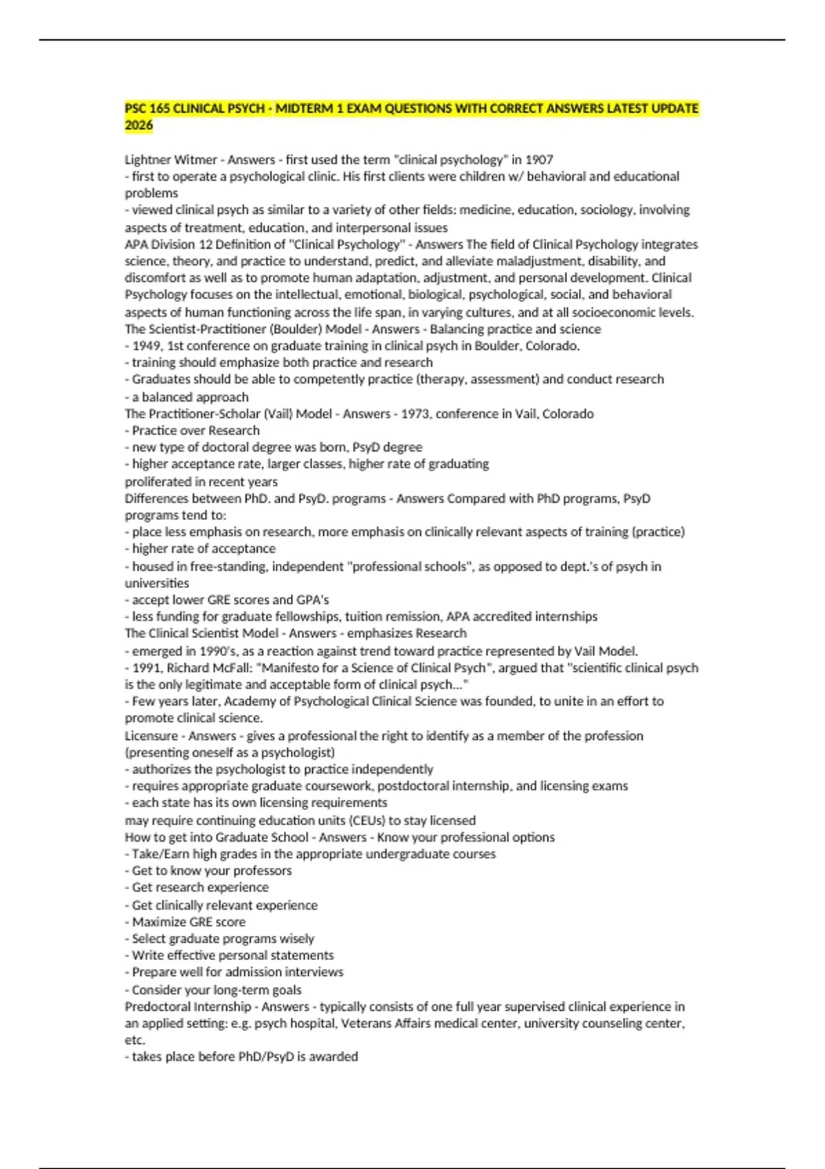 PSC 165 CLINICAL PSYCH - MIDTERM 1 EXAM QUESTIONS WITH CORRECT ANSWERS ...