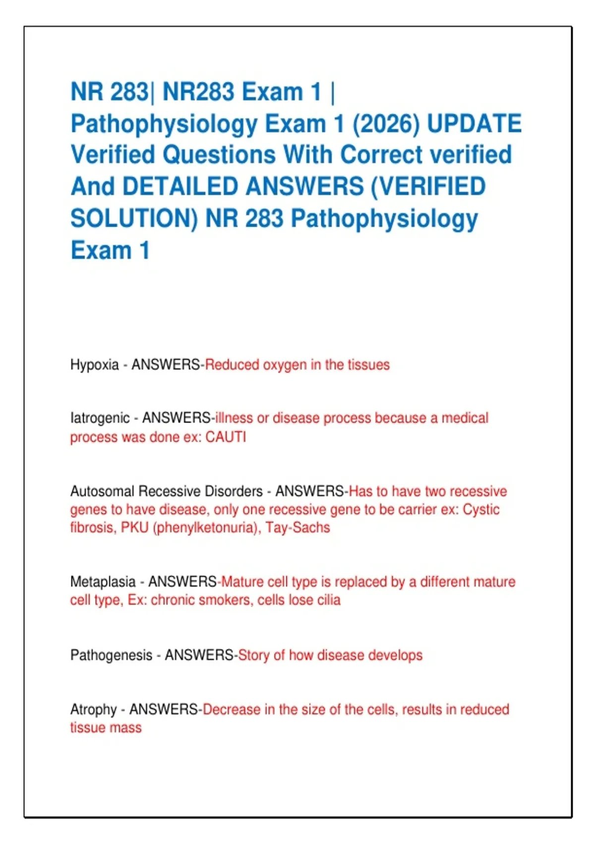 NR 283| NR283 Exam 1 | Pathophysiology Exam 1 (2026) UPDATE Verified ...