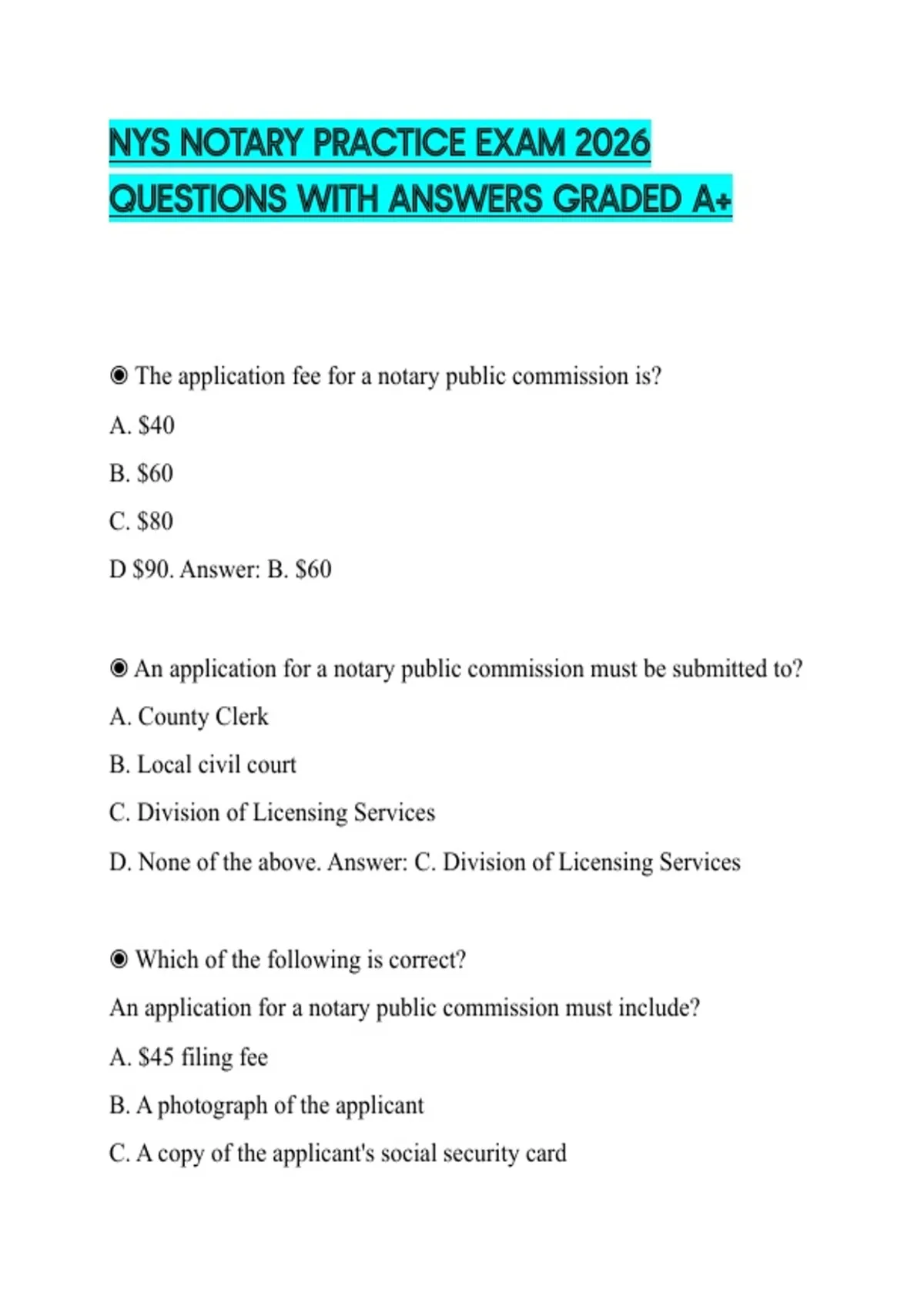 NYS NOTARY PRACTICE EXAM 2026 QUESTIONS WITH ANSWERS GRADED A+ - Nys ...