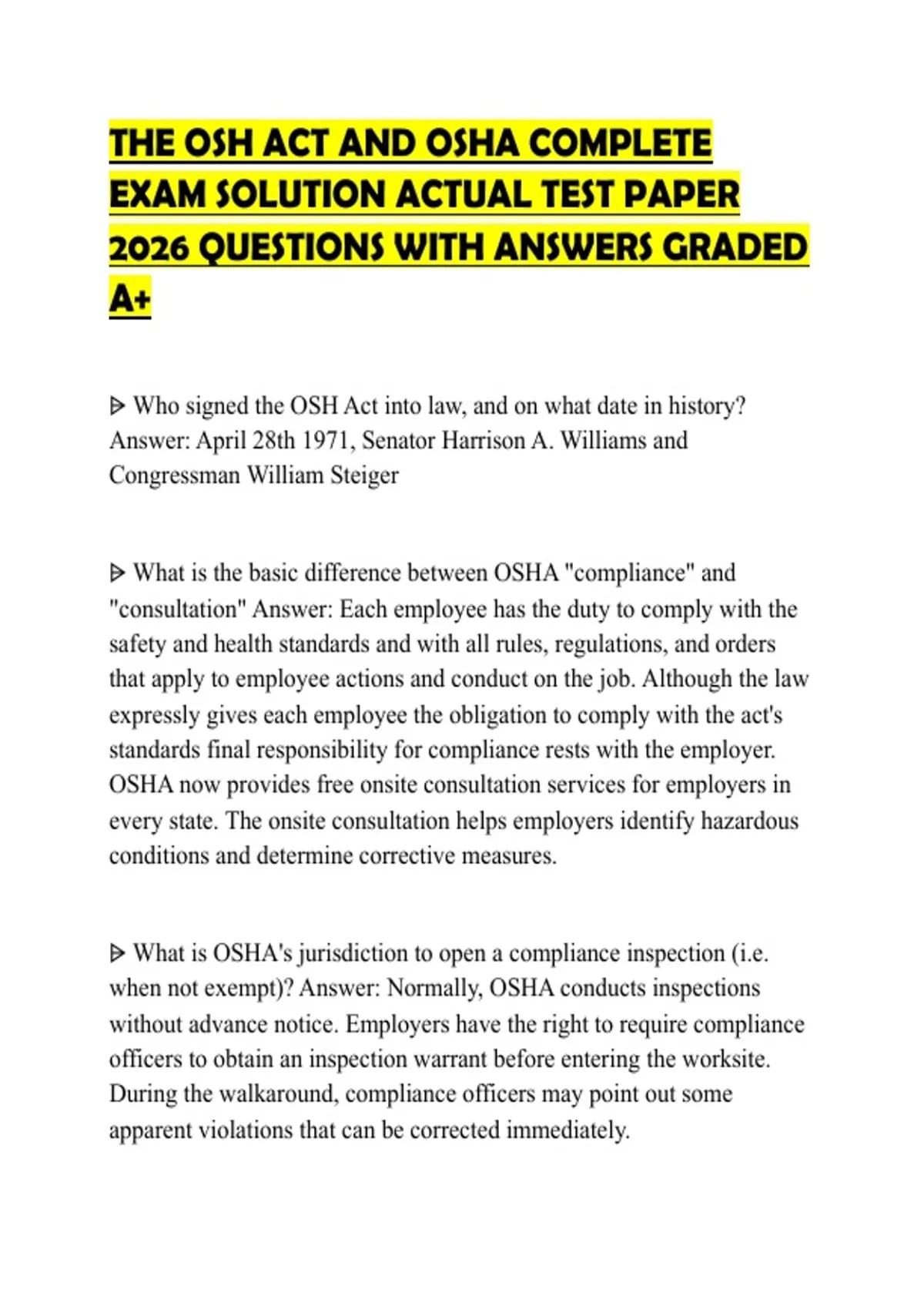 THE OSH ACT AND OSHA COMPLETE EXAM SOLUTION ACTUAL TEST PAPER 2026 ...