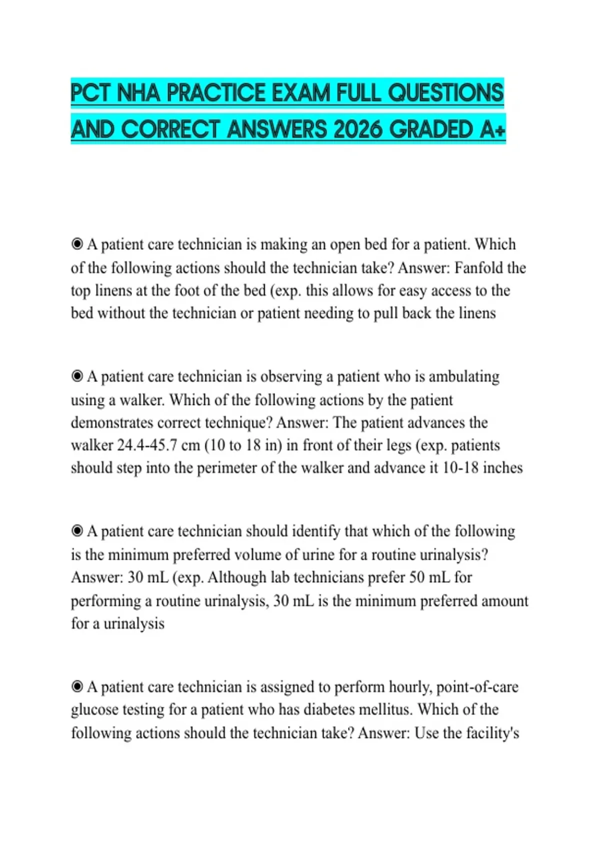PCT NHA PRACTICE EXAM FULL QUESTIONS AND CORRECT ANSWERS 2026 GRADED A+ ...