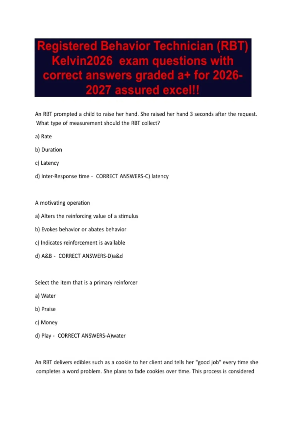 Rbt Questions Registered Behavior Technician (RBT) Kelvin2026 exam questions with ...
