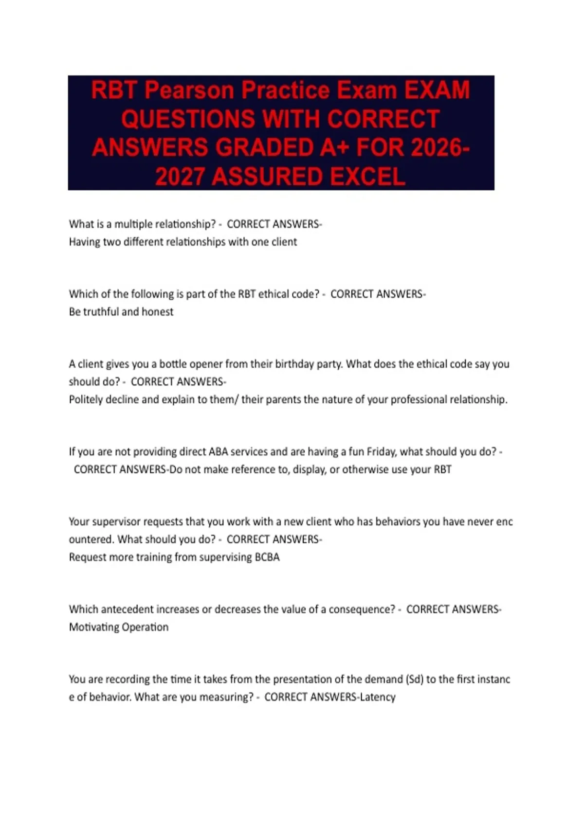 RBT Pearson Practice Exam EXAM QUESTIONS WITH CORRECT ANSWERS GRADED A+ ...