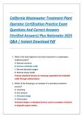 California Wastewater Treatment Plant  Operator Certification Practice Exam  Questions And Correct Answers  &lpar;Verified Answers&rpar; Plus Rationales 2025  Q&A &vert; Instant Download Pdf