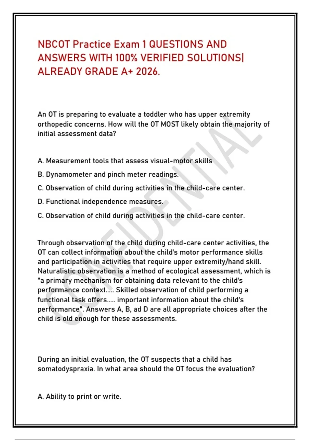 Nbcot Question Examples NBCOT Practice Exam 1 QUESTIONS AND ANSWERS WITH 100% VERIFIED ...