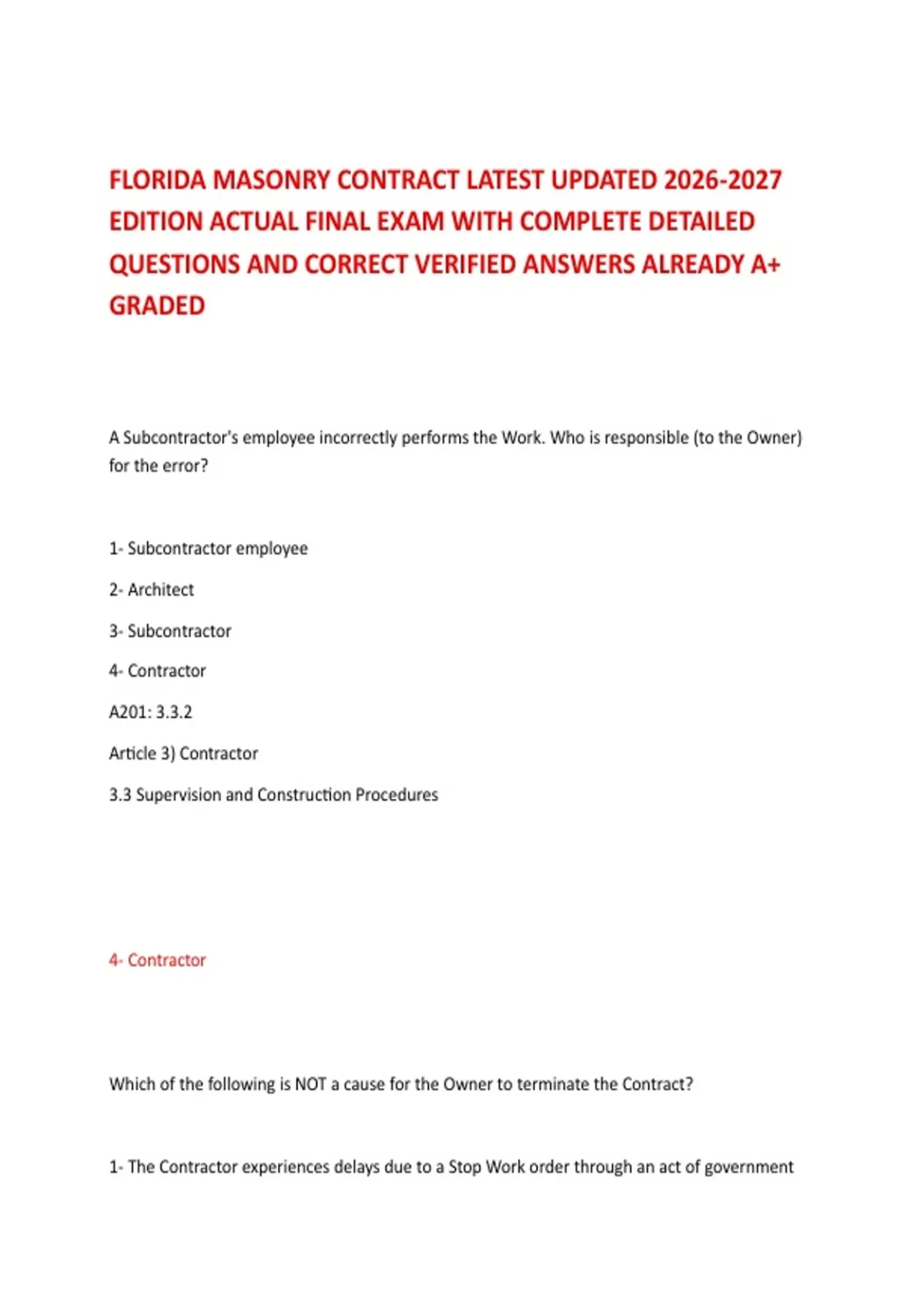 Masonry Contract.pdf FLORIDA MASONRY CONTRACT LATEST UPDATED EDITION ACTUAL FINAL EXAM WITH ...